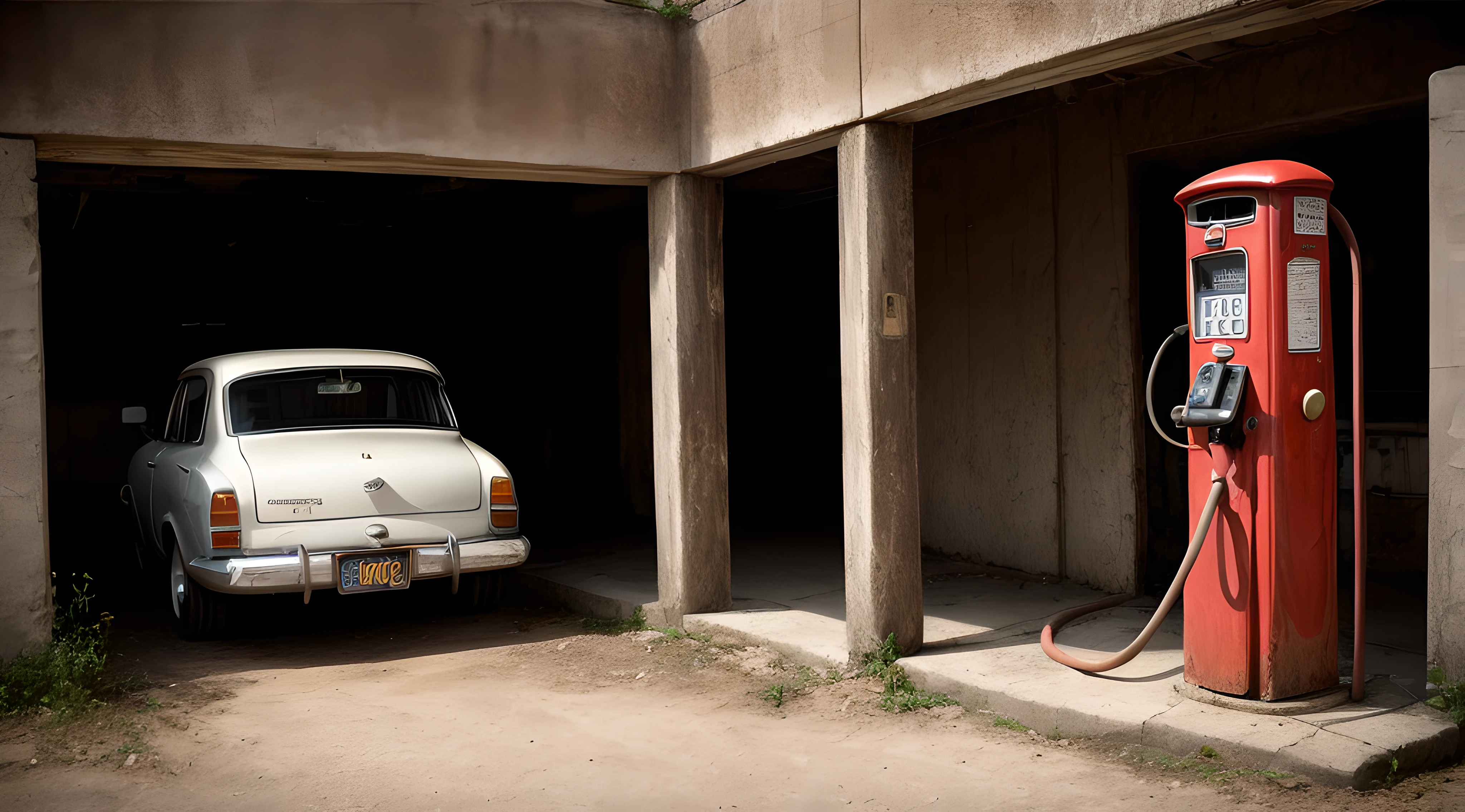 dark lights ((masterpiece)) photo, dark room cinematic BREAK
rear (rust car: 1.3), tired old paint, in garage vintage dystopian dark brutalism, BREAK
combustible sand tank sandstone old gas pump