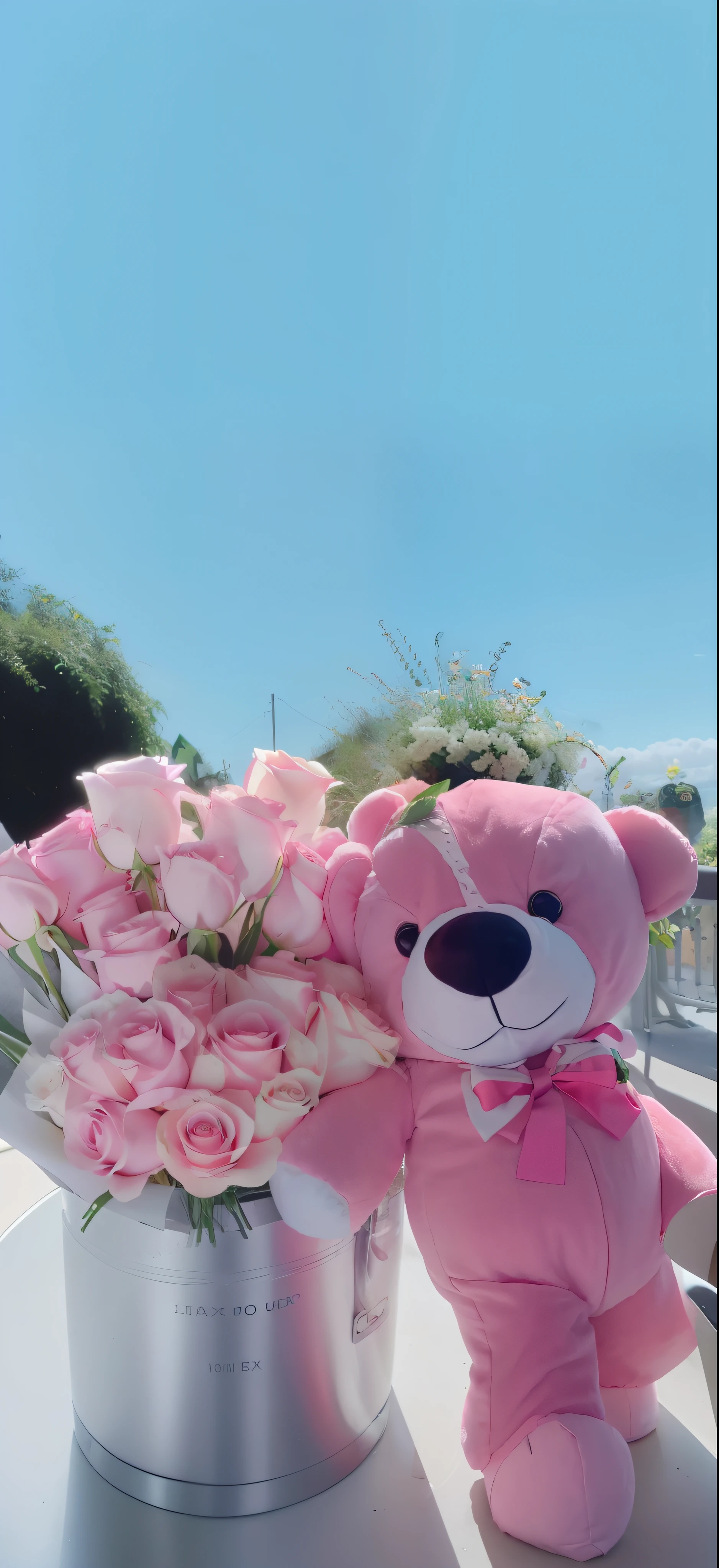 there is a pink teddy bear holding a bouquet of pink roses, 🎀 🧟 🍓 🧚, pink iconic character, taken with sony alpha 9, taken with canon 8 0 d, with soft pink colors, with flowers, taken with canon eos 5 d mark iv, plushie photography, photo taken with canon 5d, taken with canon eos 5 d