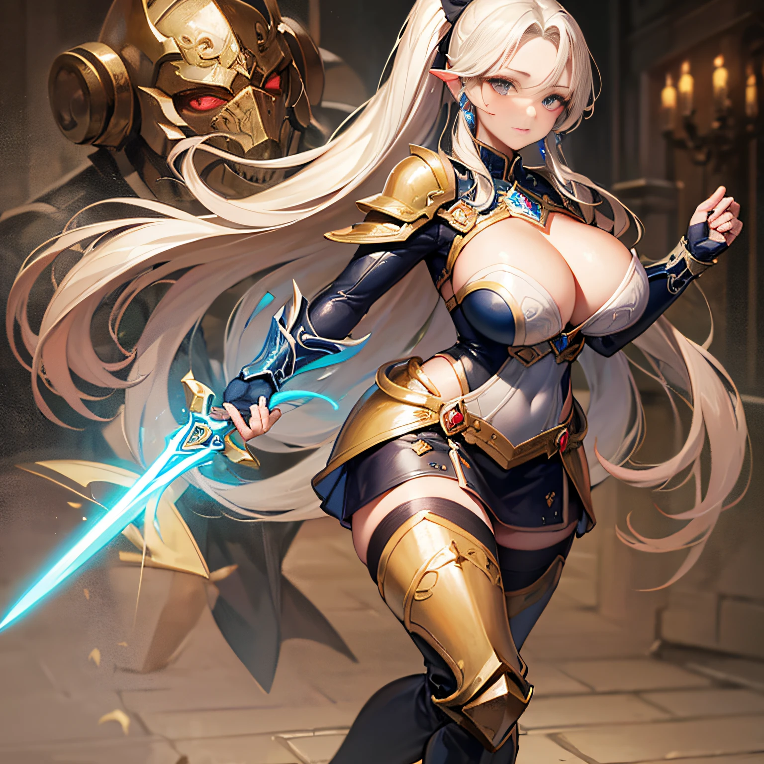 Peerless beauty, perfect slim body, mature royal sister face, long hair, curly hair, knight battle suit, sexy and seductive, beautiful face, full body portrait, standing pose, 4K picture quality, feminine expression, blush shyness, star-like deep eyes, huge breasts, short skirt, sword and magic. The bust is greatly large, fighting with Warcraft, speed lines, the best quality, masterpieces. Double ponytail
