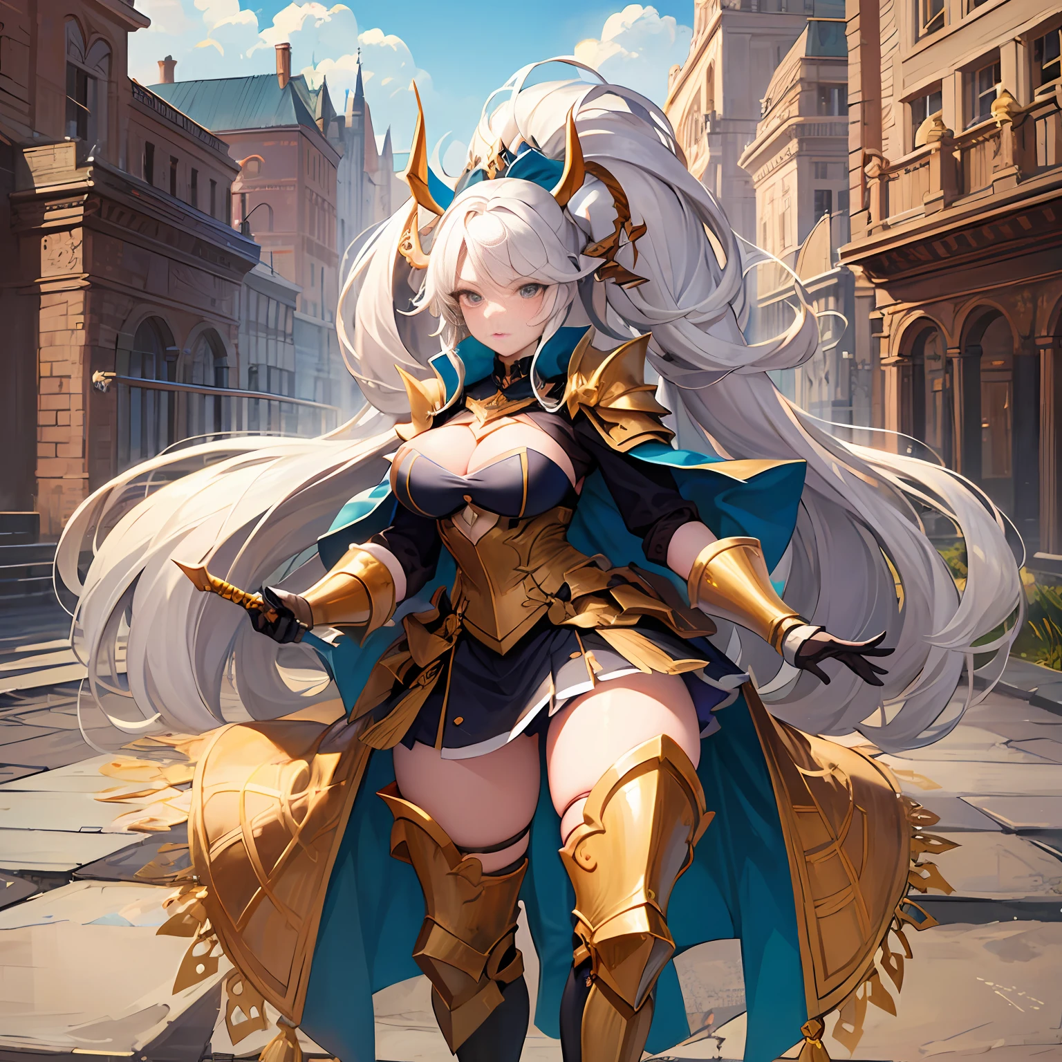 Peerless beauty, perfect slim body, mature royal sister face, long hair, curly hair, knight battle suit, sexy and seductive, beautiful face, full body portrait, standing pose, 4K picture quality, feminine expression, blush shyness, star-like deep eyes, huge breasts, short skirt, sword and magic. The bust is greatly large, fighting with Warcraft, speed lines, the best quality, masterpieces. Double ponytail