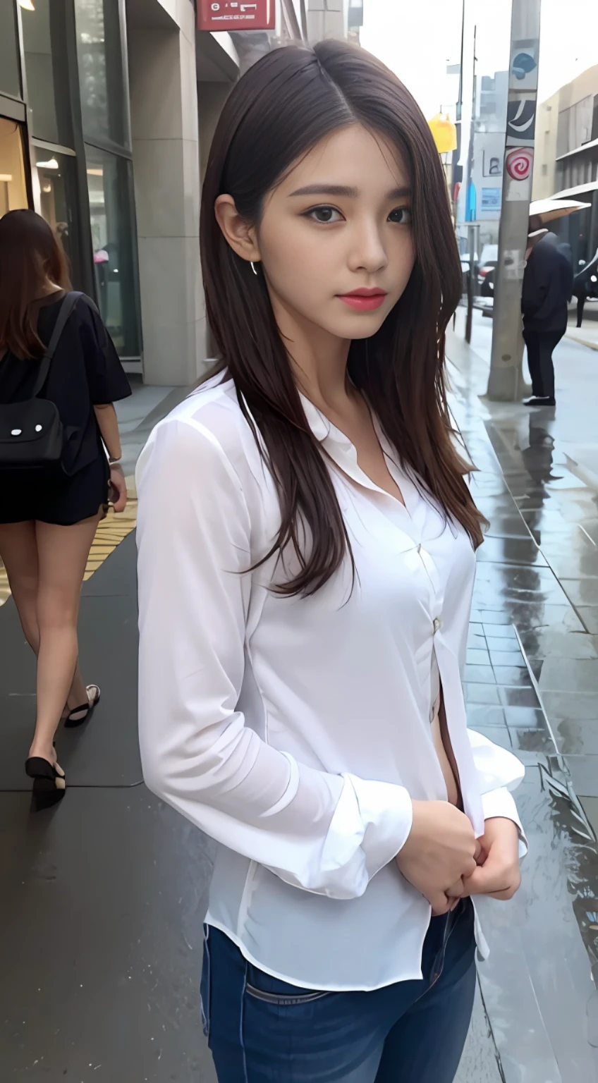 ((Best Quality, 8K, Masterpiece: 1.3)), Sharp: 1.2, Perfect Beauty: 1.4, Slim Abs: 1.2, (Layered Hairstyle,: 2.2)), (Wet Open White Button Long Shirt: 1.1), (Rain, Street: 1.2), Wet: 1.5, Highly Detailed Face and Skin Texture, Detailed Eyes, Double Eyelids, Side Face Looking at Camera, Standing, High Heels