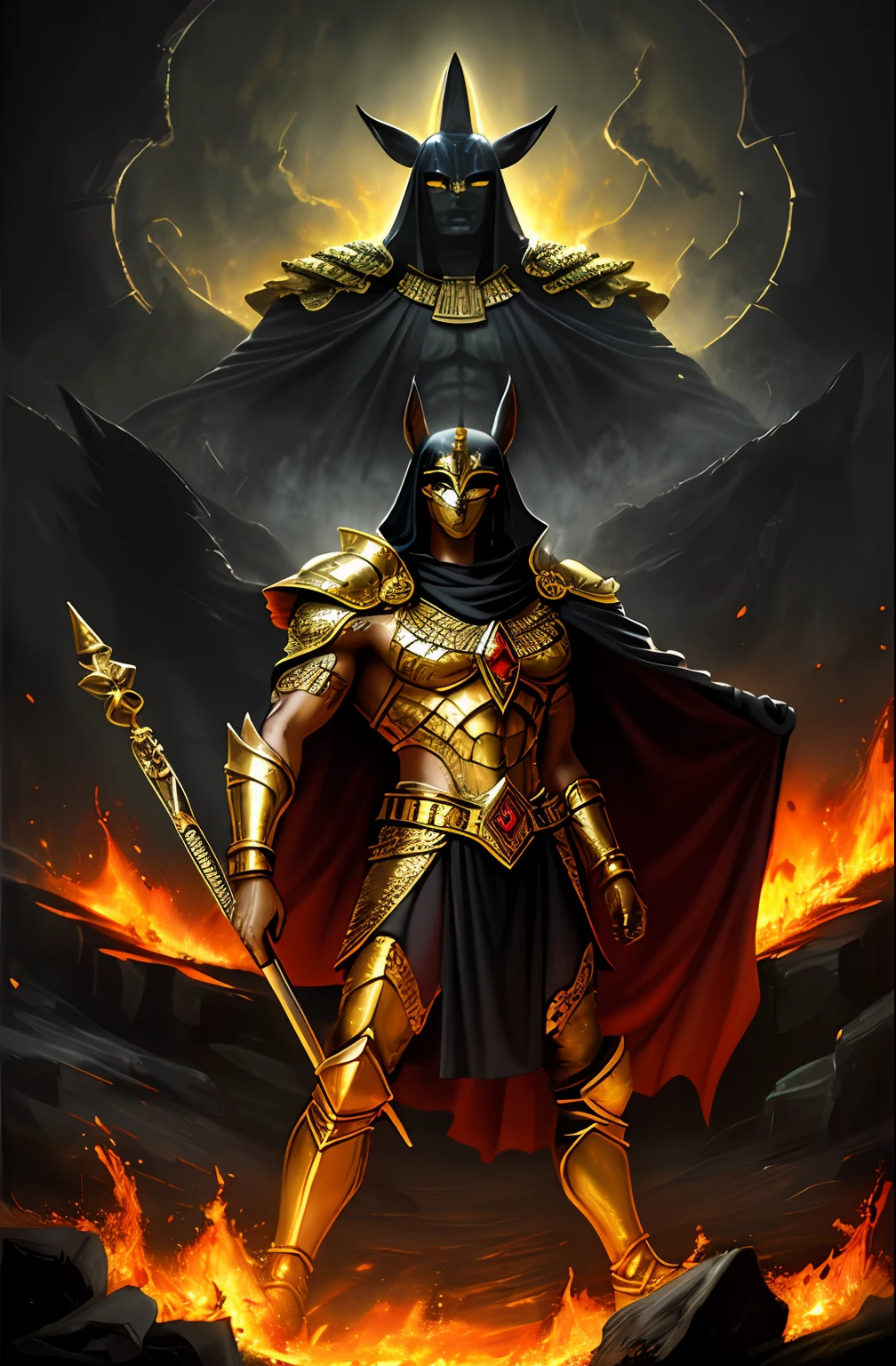 (high quality), photorealistic, (oil painting)
jewelry, (soil),
(dynamic pose), to the right, ((gate of hell)), fire, landscape of hell, (the underworld), (dark landscape),
Anubis, Egyptian god with jackal head, antrum, muscular, (holding golden scales), dynamic pose, cinematic, dramatic camera angle, golden armor: 0.25, black and gold cape, (good anatomy), (good proportions), award-winning, masterpiece, centered,