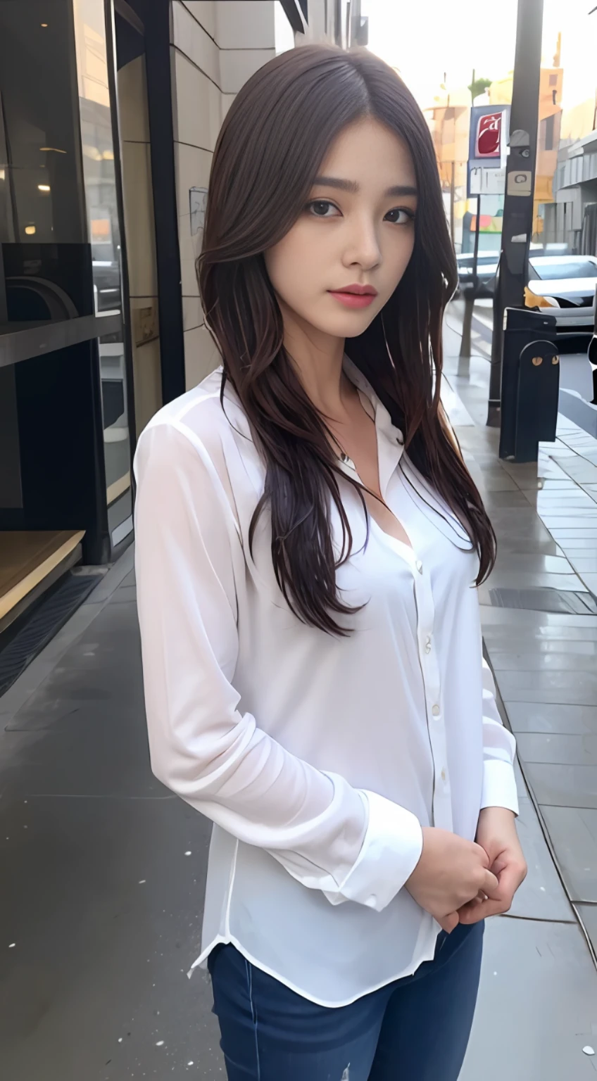 ((Best Quality, 8K, Masterpiece: 1.3)), Sharp: 1.2, Perfect Beauty: 1.4, Slim Abs: 1.2, (Layered Hairstyle,: 2.2)), (Wet Open White Button Long Shirt: 1.1), (Rain, Street: 1.2), Wet: 1.5, Highly Detailed Face and Skin Texture, Detailed Eyes, Double Eyelids, Side Face Looking at Camera, Standing, High Heels