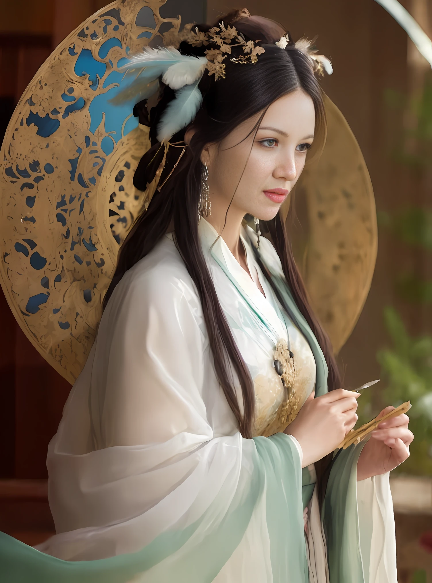 High quality, masterpiece, masterpiece, exquisite facial features, exquisite hair, exquisite eyes, exquisite color hair, 4K picture quality, gorgeous light and shadow, Tyndall effect, halo, messy hair, young state, gorgeous scene, exquisite clothes, chains, feathers, ancient chinese beauty with big eyes very detailed, digital painting, artstation, concept art, sharp focus, illustration, art by greg rutkowski and alphonse mucha and victo ngai