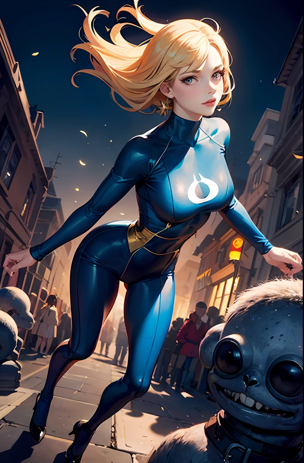 POV expansive Sue Storm of the fantastic four, 1 girl, ((thin)), perfect face, ((blonde)), sexy look and lips between open, wearing uniform ((full body)) in latex (((blue)) with details ((gold)) and ((number four stamped on the chest)), turtleneck, ((full body)), ((Action pose)), by Kaethe Butcher, Jon Klassen, Gil Elvgren, Bill Plympton, Kate Beaton, Enoch Bolles, Rolf Armstrong, Winsor McCay, jean james, moebius, official art, unity 8k wallpaper, ultra detailed, beautiful and aesthetic, masterpiece, best quality, (dynamic angle: 1.4), glossy leather, (floating colored glow: 1) the most beautiful form of chaos, flowerpunk, elegant, a brutalist design, vivid colors, romanticism, ultra wide angle