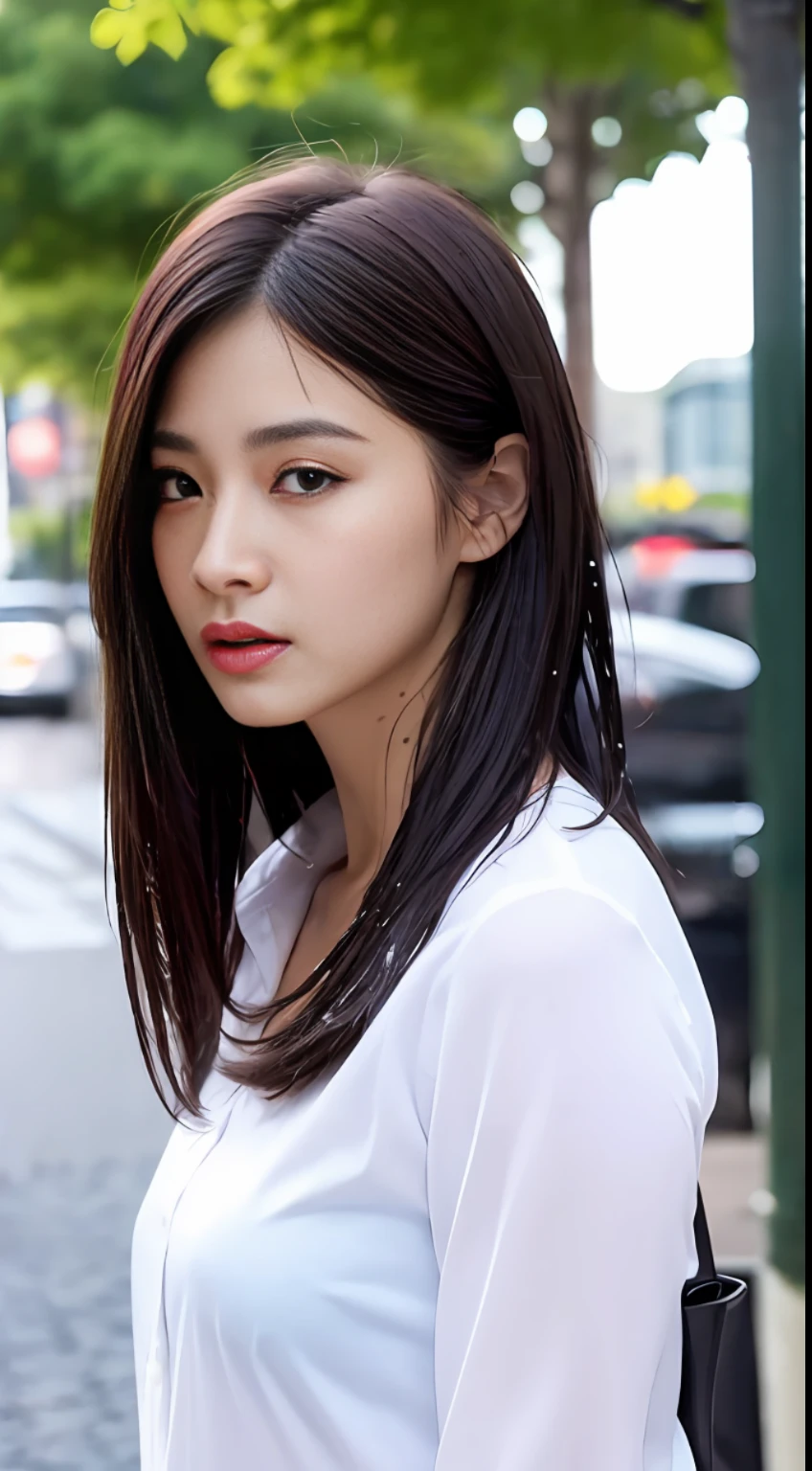 ((Best Quality, 8K, Masterpiece: 1.3)), Sharp: 1.2, Perfect Beauty: 1.4, Slim Abs: 1.2, (Layered Hairstyle,: 2.2)), (Wet Open White Button Long Shirt: 1.1), (Rain, Street: 1.2), Wet: 1.5, Highly Detailed Face and Skin Texture, Detailed Eyes, Double Eyelids, Side Face Looking at Camera, Standing, (High Heels)