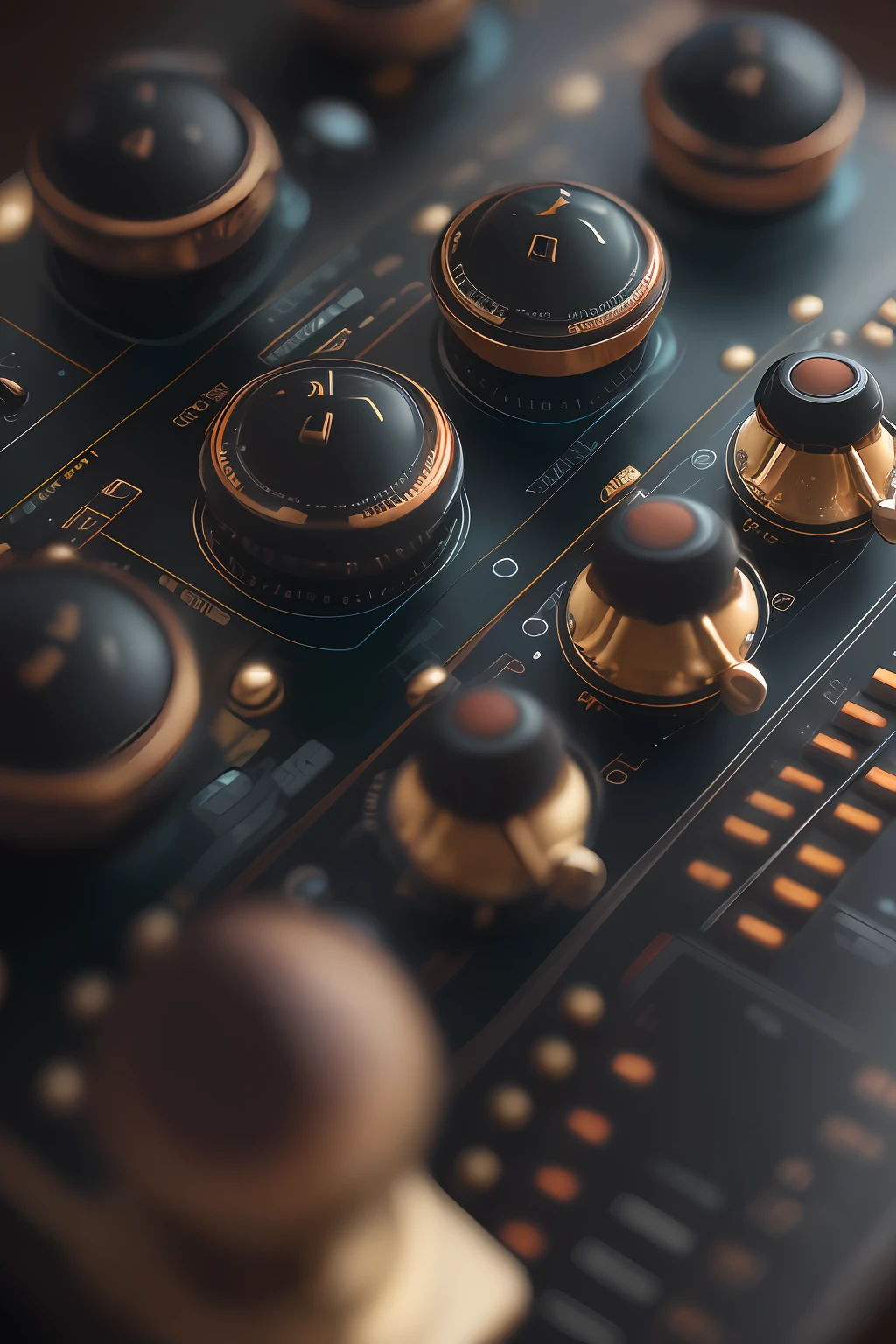 Inspired by Levon Biss's macro photography, create a detailed close-up of knobs on a vintage synth