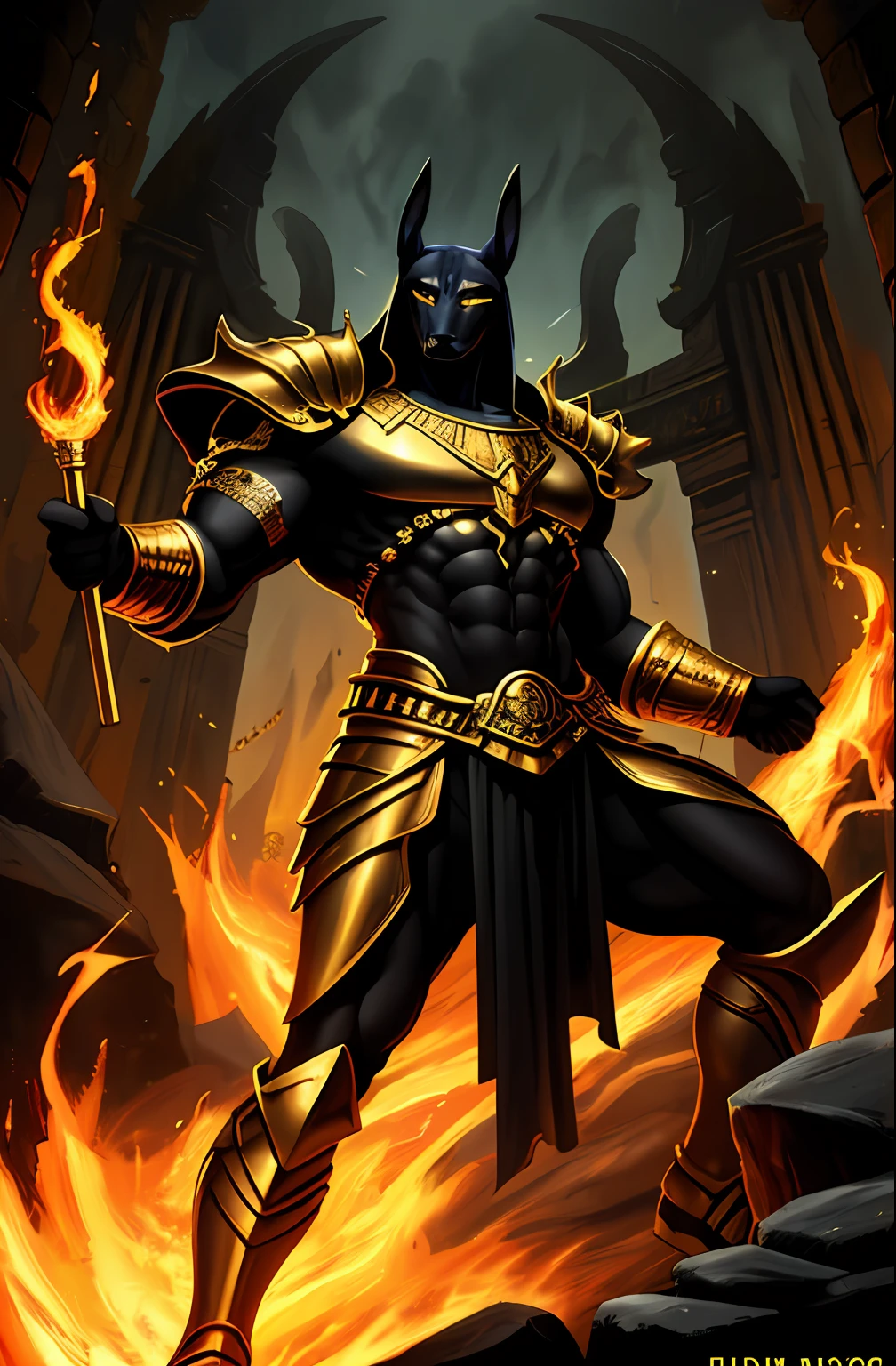 (high quality), photorealistic, (oil painting) jewelry, (solo), (dynamic pose), to the right, ((gate of hell)), fire, landscape of hell, (the underworld), (dark landscape), Anubis, Egyptian god with jackal head, antrum, muscular, (holding golden scales), dynamic pose, cinematic, dramatic camera angle, golden armor: 0.25, black and gold cover, (good anatomy), (good proportions), award-winning, masterpiece, Centered