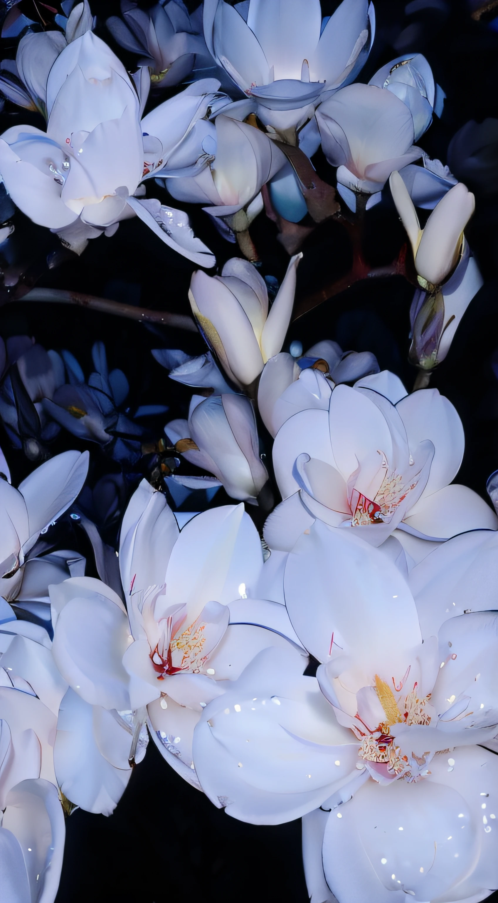 there are many white flowers that are on a tree, magnolias, white flowers, magnolia, white blossoms, surreal waiizi flowers, large opaque blossoms, flower blossoms, night sky full of flowers, blooming flowers, luminous flowers, elegant flowers, glowing flowers, flowers and blossoms, soft bloom lighting, flowers blooming, blue - petals, soft white glow, soft flowers