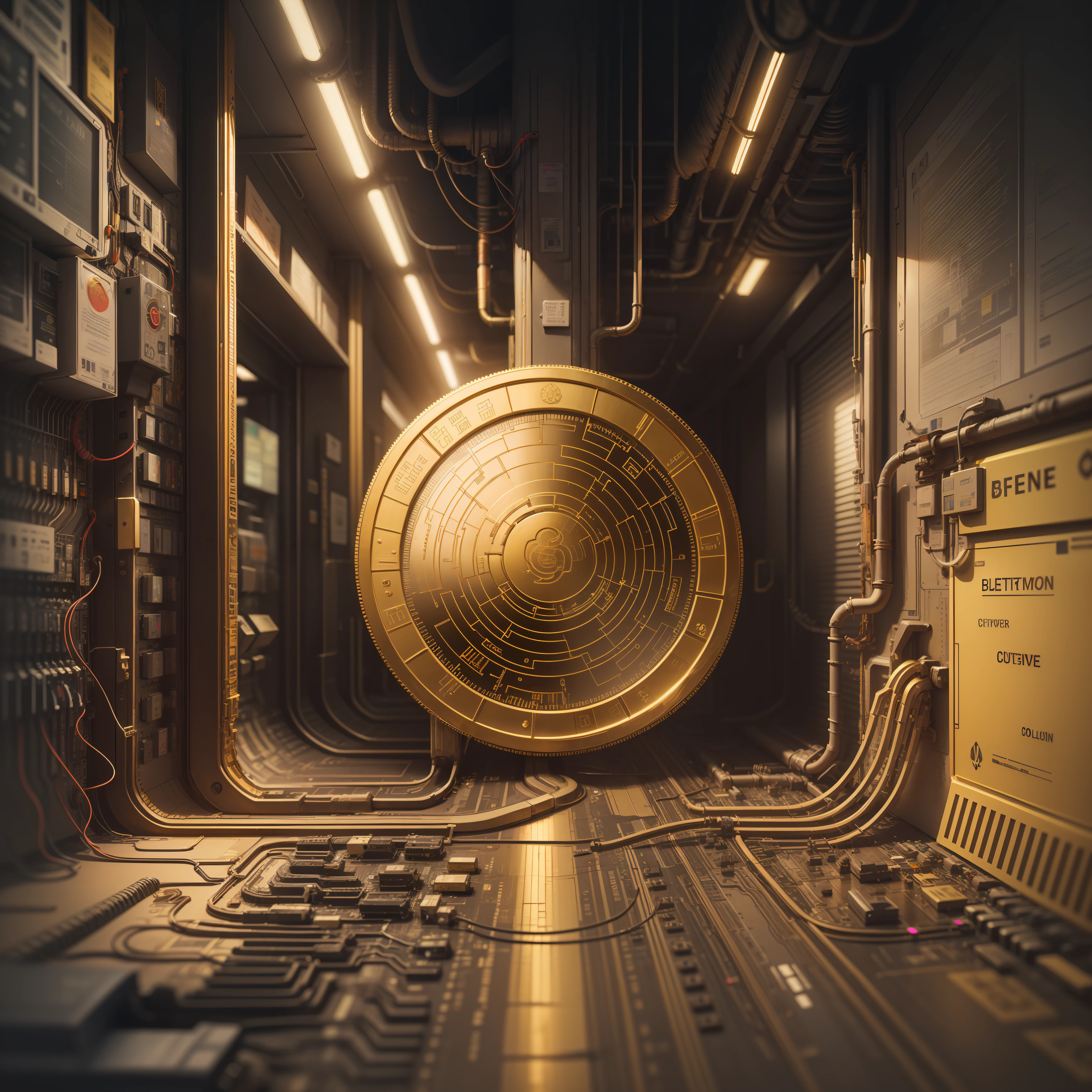 a gold coin inside a matrix high way of circuits metaverse