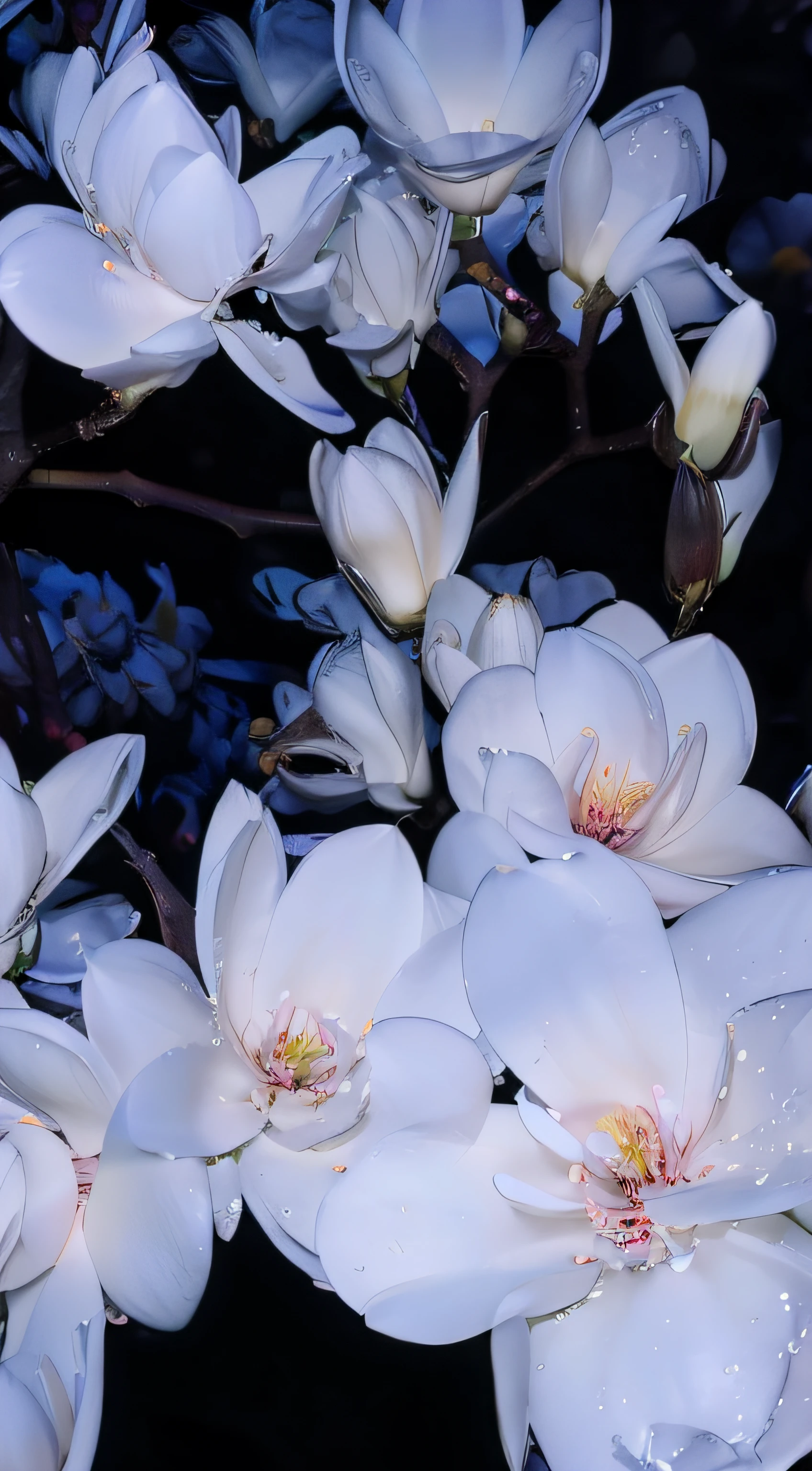 there are many white flowers that are on a tree, magnolias, white flowers, magnolia, white blossoms, surreal waiizi flowers, large opaque blossoms, flower blossoms, night sky full of flowers, blooming flowers, luminous flowers, elegant flowers, glowing flowers, flowers and blossoms, soft bloom lighting, flowers blooming, blue - petals, soft white glow, soft flowers