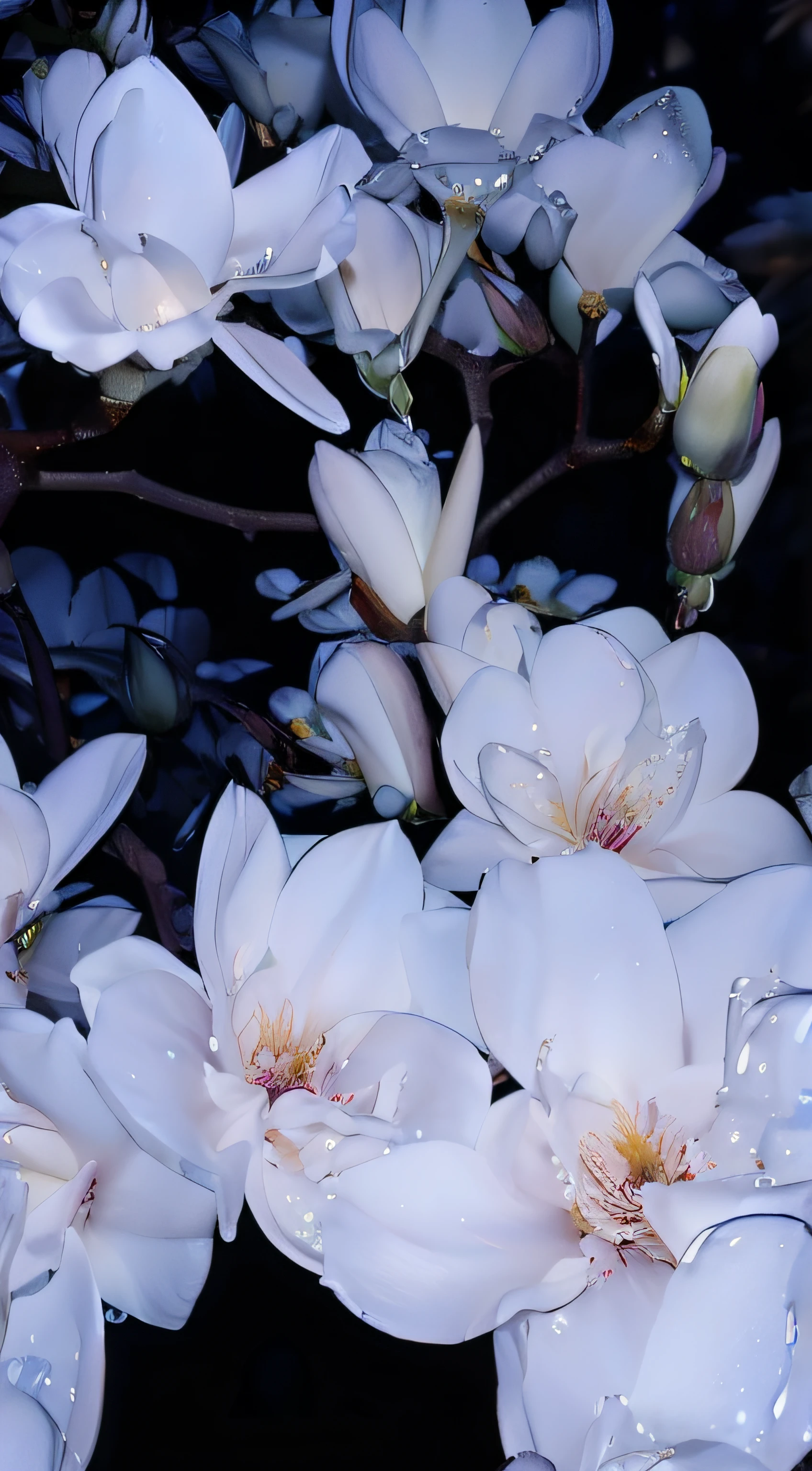 there are many white flowers that are on a tree, magnolias, white flowers, magnolia, white blossoms, surreal waiizi flowers, large opaque blossoms, flower blossoms, night sky full of flowers, blooming flowers, luminous flowers, elegant flowers, glowing flowers, flowers and blossoms, soft bloom lighting, flowers blooming, blue - petals, soft white glow, soft flowers