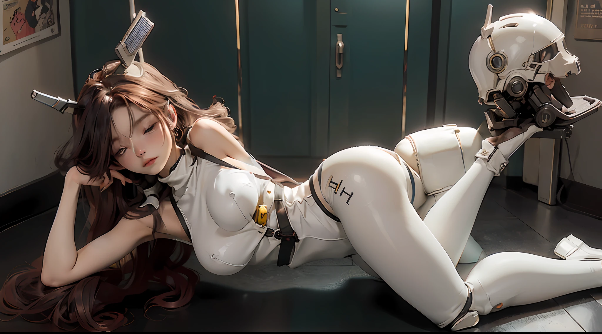 sleeping on floor, head and full body and full legs, Extremely cute human girl face, human torso, human huge boobs, human abdomen, human hips, human arms, mechanical legs, arms and legs with hard white shiny shell and black joints, very beautiful and feminine, short, petite, small, small, busty buttocks, medium bust, cleavage display, flat belly display, partial helmet with antenna on the ear, black robot joints, very stylish, award-winning product design, black rubber tights, The shiny white metal breastplate opens at the cleavage and abdomen, the white metal buttocks are wrinkled, and the armor has stylish, glowing trims