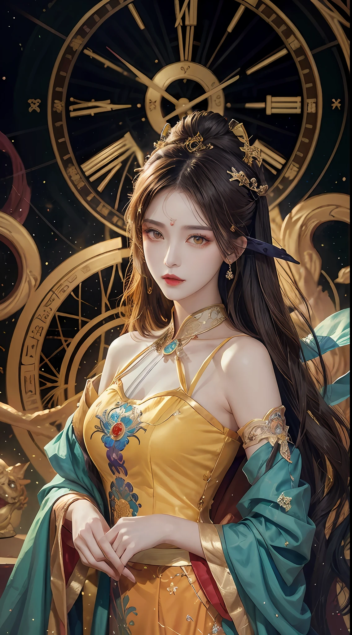 1 27-year-old girl, 1 zodiac goddess from the future, goddess of the pink and purple 12 zodiacs, the goddess of the zodiac in a yellow ao dai, a 12 zodiac ao dai with many black lace detail, mythology Goddess of the 12 zodiacs from the future, zodiac ♏, luxurious glittering zodiac style, dark and mysterious version, zodiac crown, lipstick lips red, thin and beautiful lips, Smile makes viewers fall in love, characters made by karol bak and pino daeni, intricate detail, detailed background, extremely detailed, light magic, a woman, clear face, look at the face of goddess zodialook at the zodiac goddess face, hair long with bangs, beautiful face in detail and well-proportioned eyes, (transparent yellow eyes: 1.8), big round eyes and very beautiful and detailed makeup, foresight, silk dress, mysterious makeup, double bangs and dyed light blonde, uper body, zodiac goddess uper body, arms hanging loosely, Realistic and vivid photo, (stars make up the zodiac: 1.7), (sky background zodiac and fictitious space and time portal: 1.8), fiction art, RAW photo, hanfu picture, best photo, best photo quality, 8k quality, 8k ultra, super realistic, real photo most economical, artistic portrait of goddess zodiac,