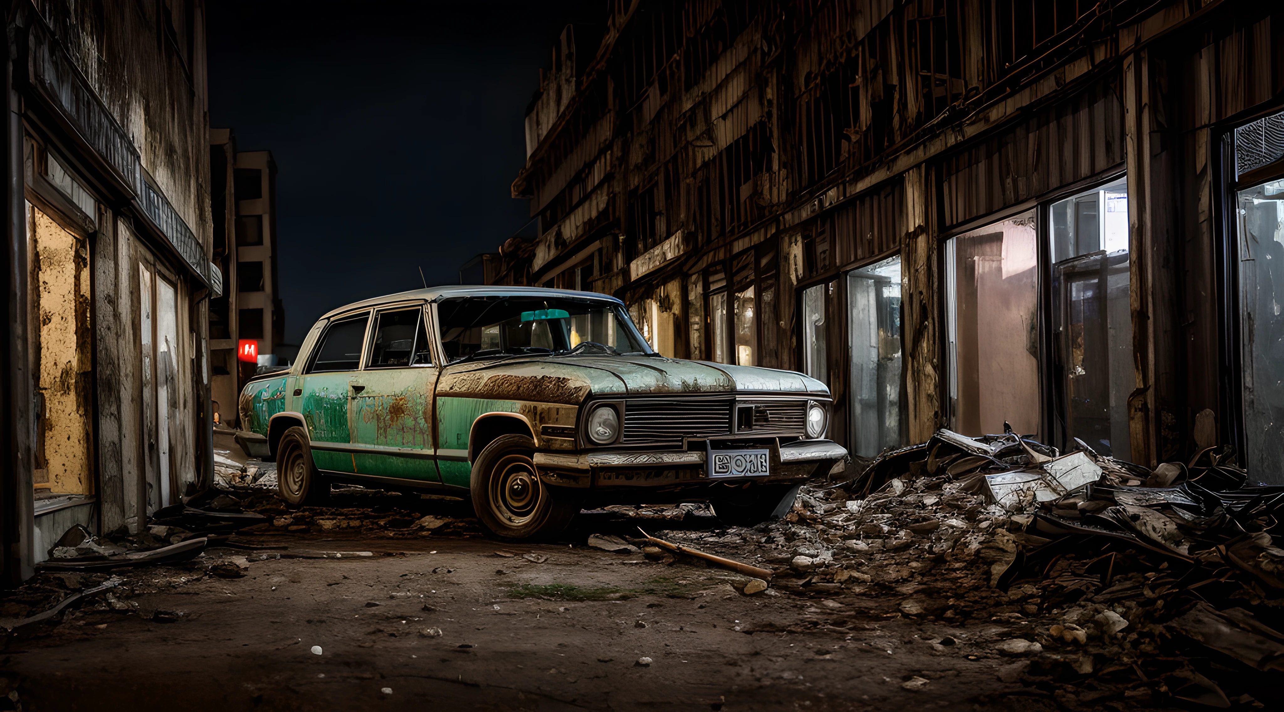 a photo of a rusty tslas (zeekars), 3/4 front view, survival, post-apocalyptic, cyberpunk, outdoors, night, destruction, urban decay, masterpiece, photorealistic, 8k, high detail, dark theme,dark green
