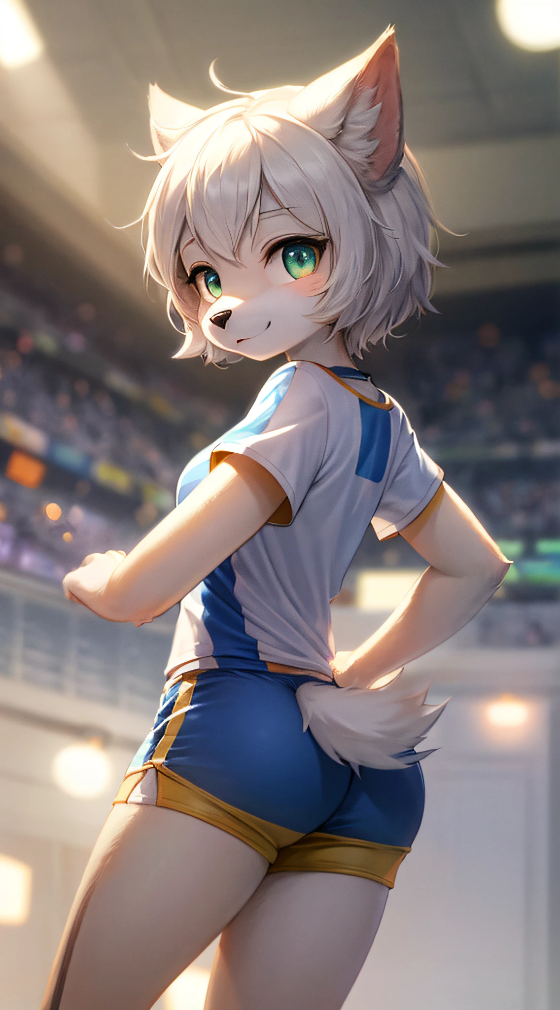 (Sports), (hands behind the back), furry, white fur, super cute face, detail elements on fur, glowing t-shirts, beautiful lights and shadows, ambient light, super fine fur, volumetric light