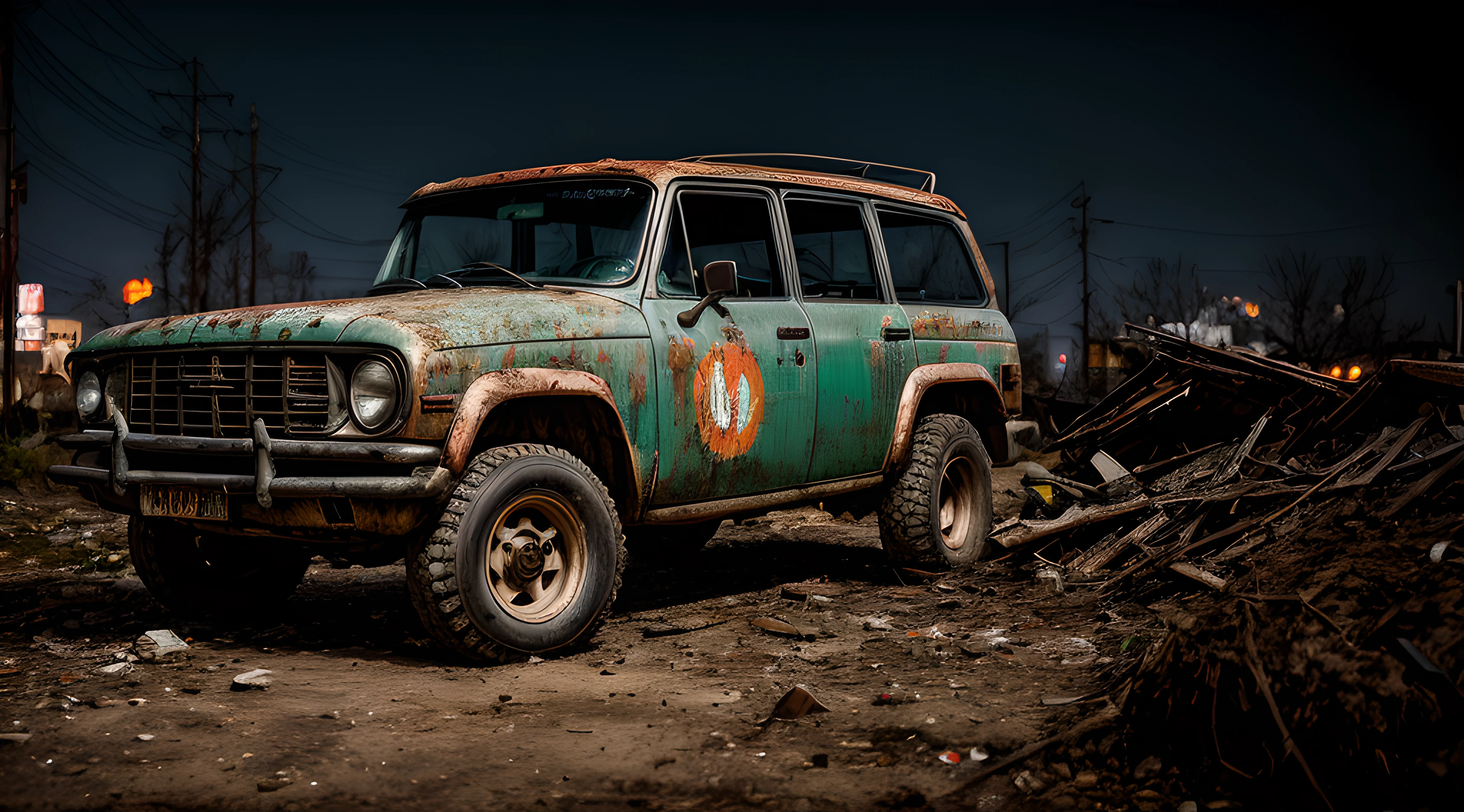 a photo of a rusty tslas (zeekars), 3/4 front view, survival, post-apocalyptic, cyberpunk, outdoors, night, destruction, urban decay, masterpiece, photorealistic, 8k, high detail, dark theme,dark green
