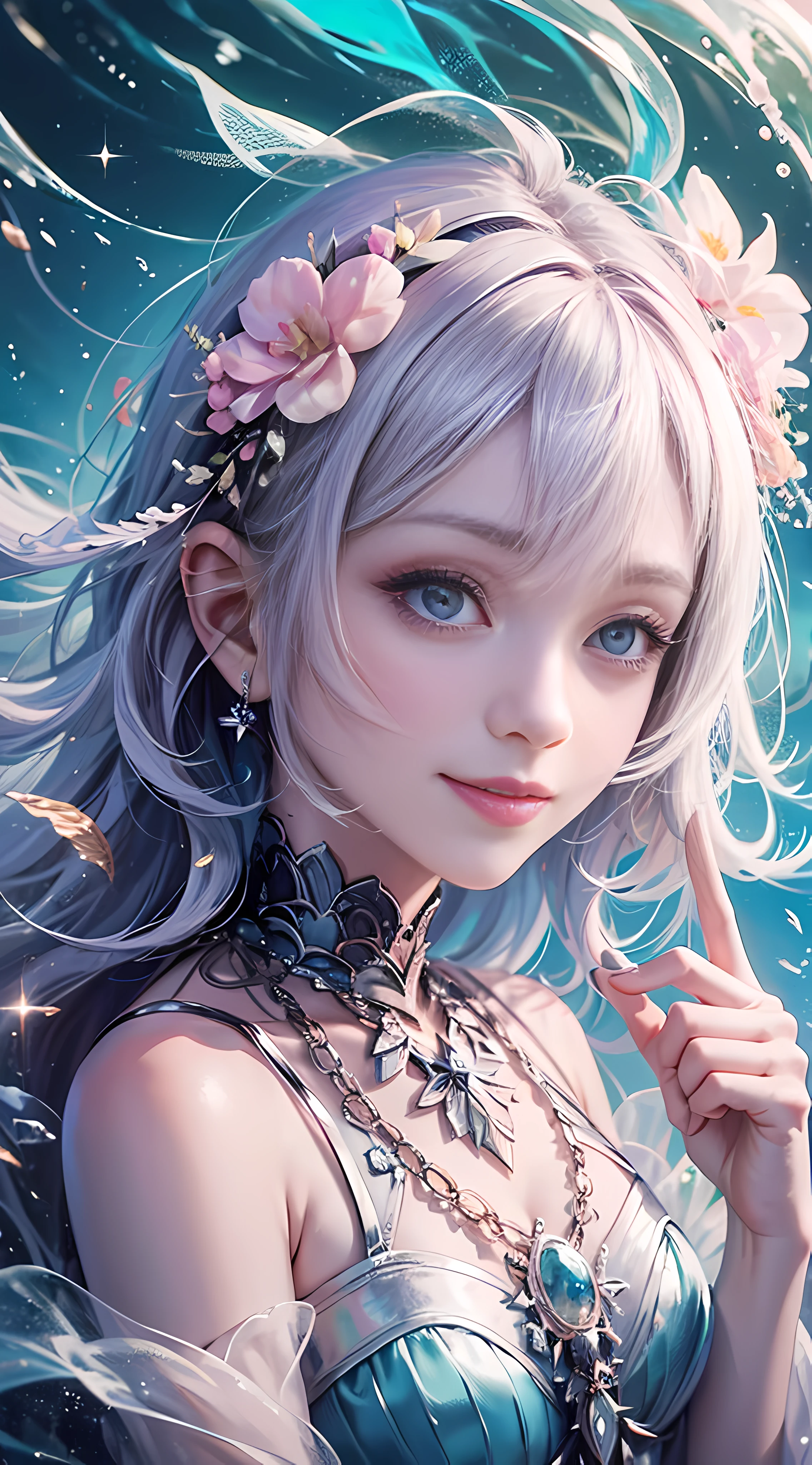Ultra High Quality, 8K, Upper Body, Hide Fingers, Don't Leak Fingers, 1 Girl, Mermaid, Smile, Solo, Seaside, Pink Purple Tone, Sparkling, White Skin, With Close-up, With Vista, Holding Flowers