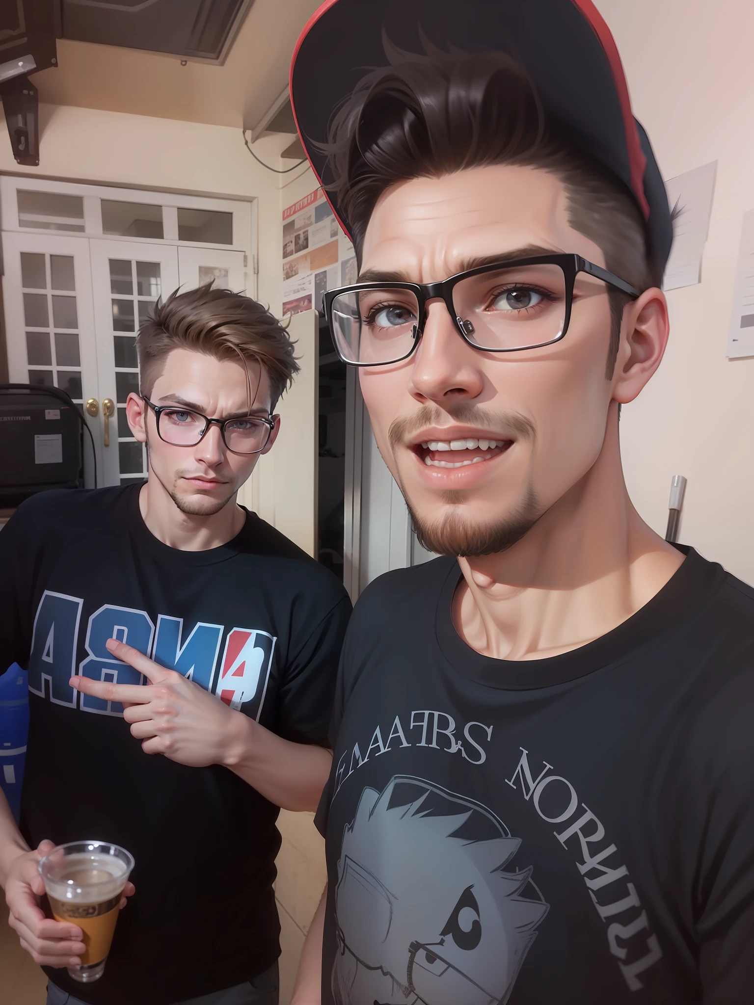 There are two men together in a garage with a black shirt, very low quality image, Matthew 9 5, low quality photo, 1024px profile picture, low quality photograph, realistic photo, jerma 9 8 5, jerma985, avatar image, with nerd! glasses! and goatee, very accurate photo as anime
