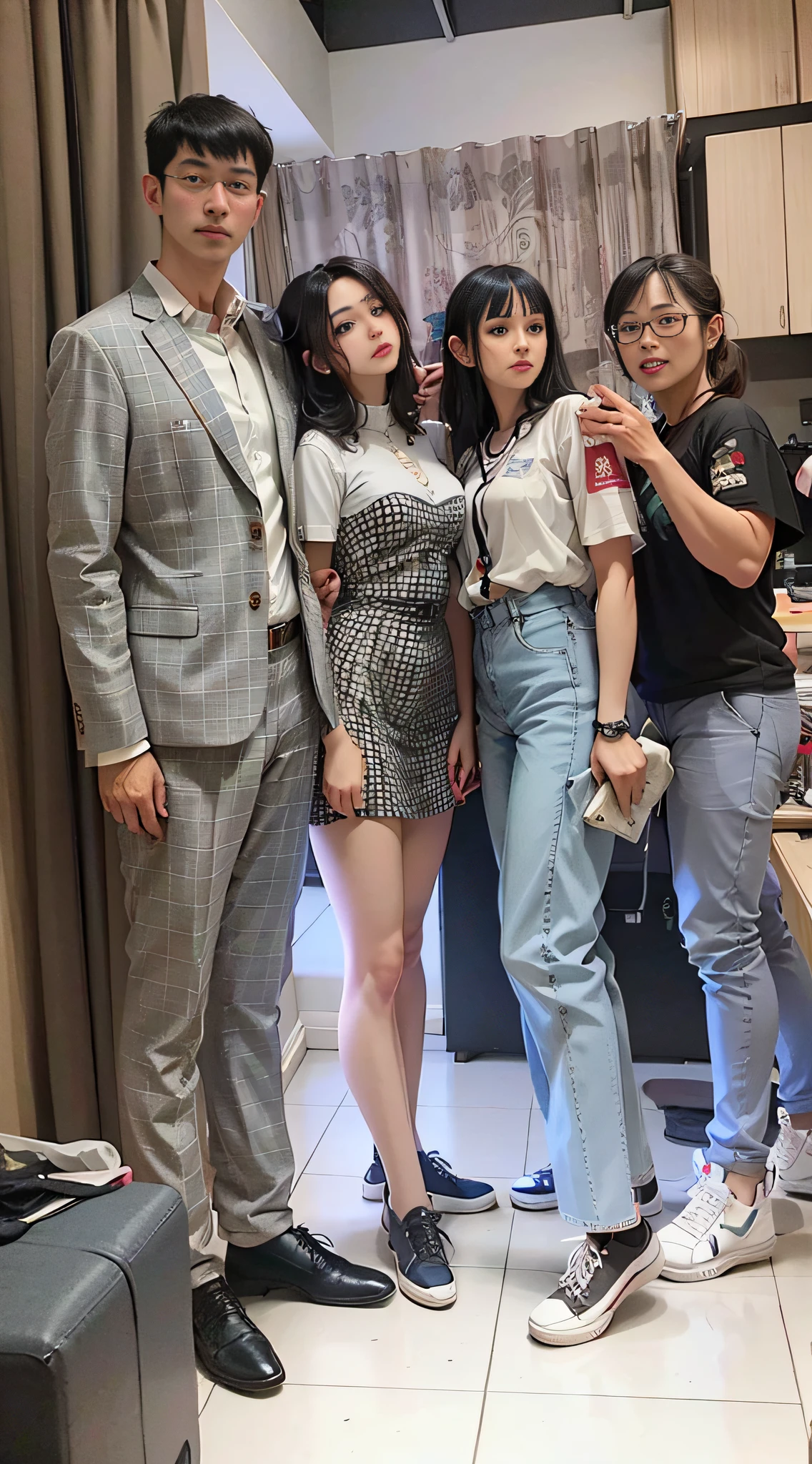 A group of women standing together in a room with a sofa, perfect android girl family, 155 cm tall, 165 cm tall, tall and thin, black-pink Josie, slim and tall, leaked pictures, waist high, high quality upload, Lalisa Manobal, family portrait, family photography portrait, family portrait, family photography, studio portlet, family portrait, high quality portrait, mother photography 4 K, couple portrait, nikon d 7 5 0 photo taken, nikon d750 photo taken, portrait image, studio portrait photography, full character,high quality portrait, by ni tian, inspired by wang duo, by ni zan, black, by Emma Andijewska, shooting, product introduction photo, Jacky Tsai style, studio shooting,