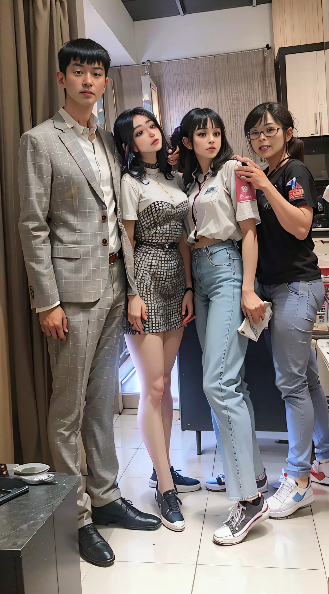 A group of women standing together in a room with a sofa, perfect android girl family, 155 cm tall, 165 cm tall, tall and thin, black-pink Josie, slim and tall, leaked pictures, waist high, high quality upload, Lalisa Manobal, family portrait, family photography portrait, family portrait, family photography, studio portlet, family portrait, high quality portrait, mother photography 4 K, couple portrait, nikon d 7 5 0 photo taken, nikon d750 photo taken, portrait image, studio portrait photography, full character,high quality portrait, by ni tian, inspired by wang duo, by ni zan, black, by Emma Andijewska, shooting, product introduction photo, Jacky Tsai style, studio shooting,