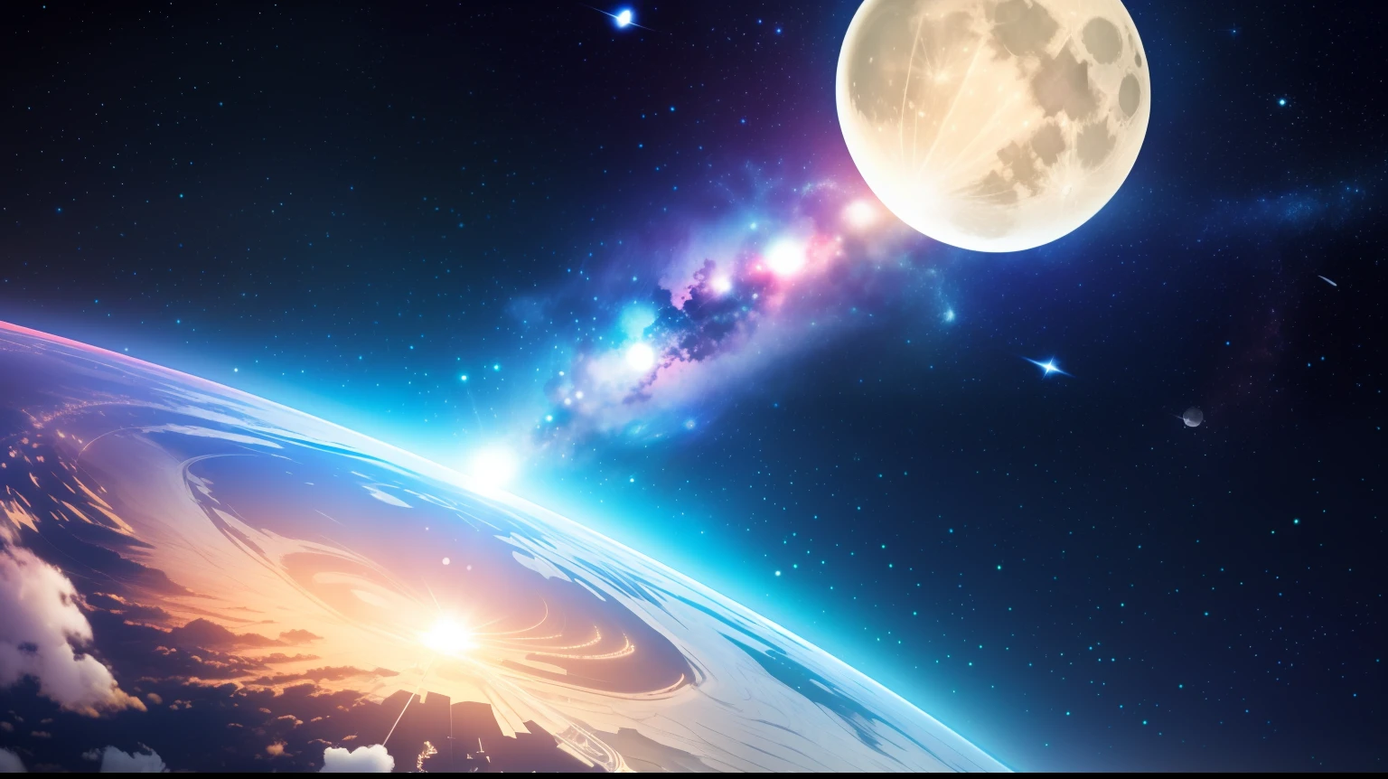 futuristic city, road in the sky, night view, moon, emerald green, space city