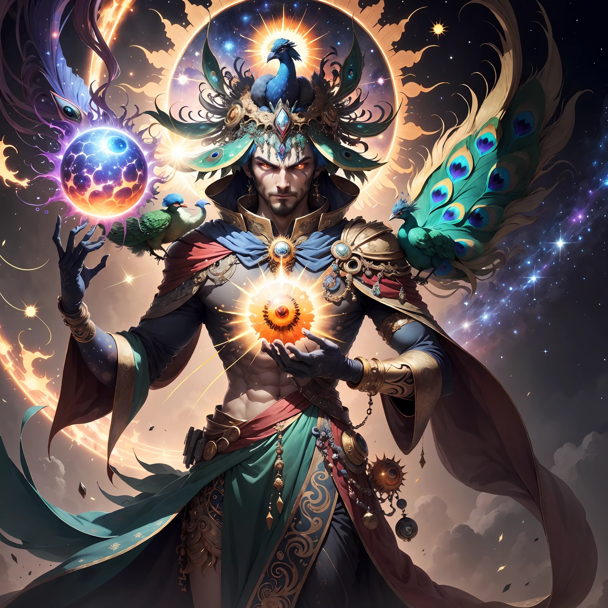 Cosmic being with the appearance of a peacock, holding a sun, with a mantle of galaxies, with a crimson aura, with an evil look