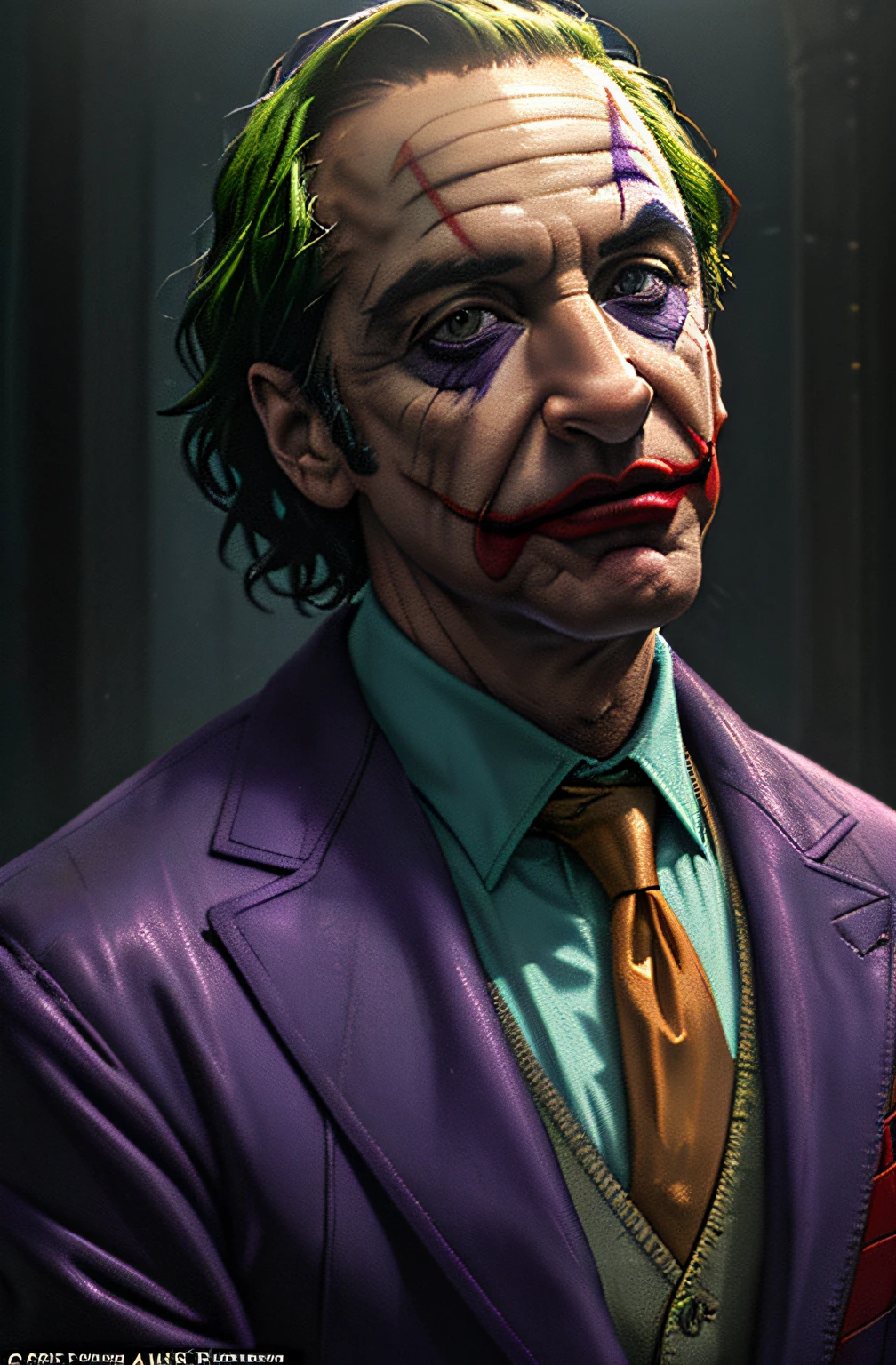 (Al Pacino as The Joker) ,epic, realistic, faded, neutral colors, ((((hdr)))), ((((muted colors)))), intricate scene, artstation, hyperdetailed, cinematic shot, warm lights, dramatic light, intricate details, vignette, complex background, [[teal and orange]], slate gray atmosphere, perfect lighting, perfect shading, (photorealistic:1.6), (((purple jacket))),
