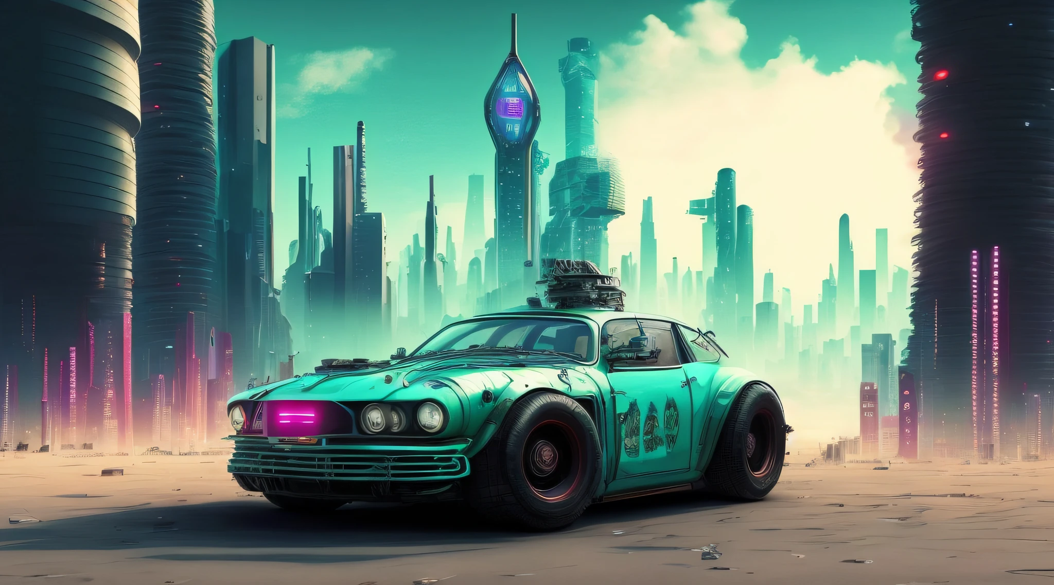 Cyberpunk car with city in the background