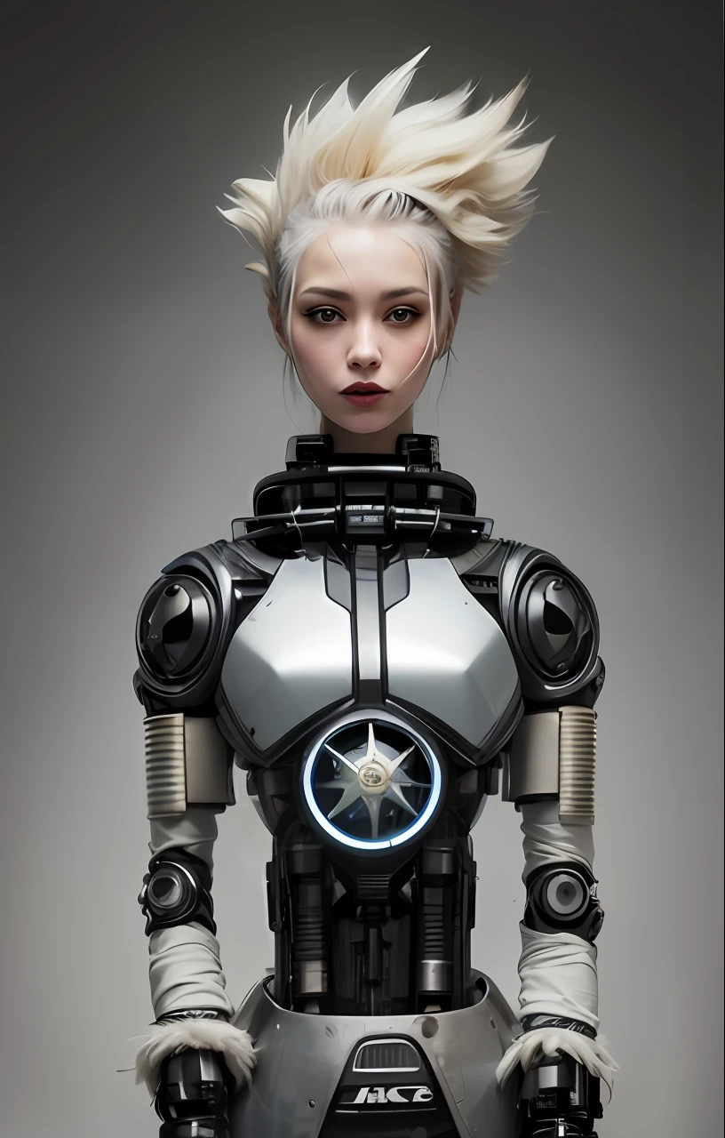 a woman in a futuristic suit with a star on her chest, sci-fi android female, retrofuturistic female android, cyborg - girl with silver hair, cyborg fashion model, dystopian sci-fi character, cyborg - girl, cyborg girl, portrait of a female android, sci-fi female, cute cyborg girl, perfect android girl, girl in mecha cyber armor