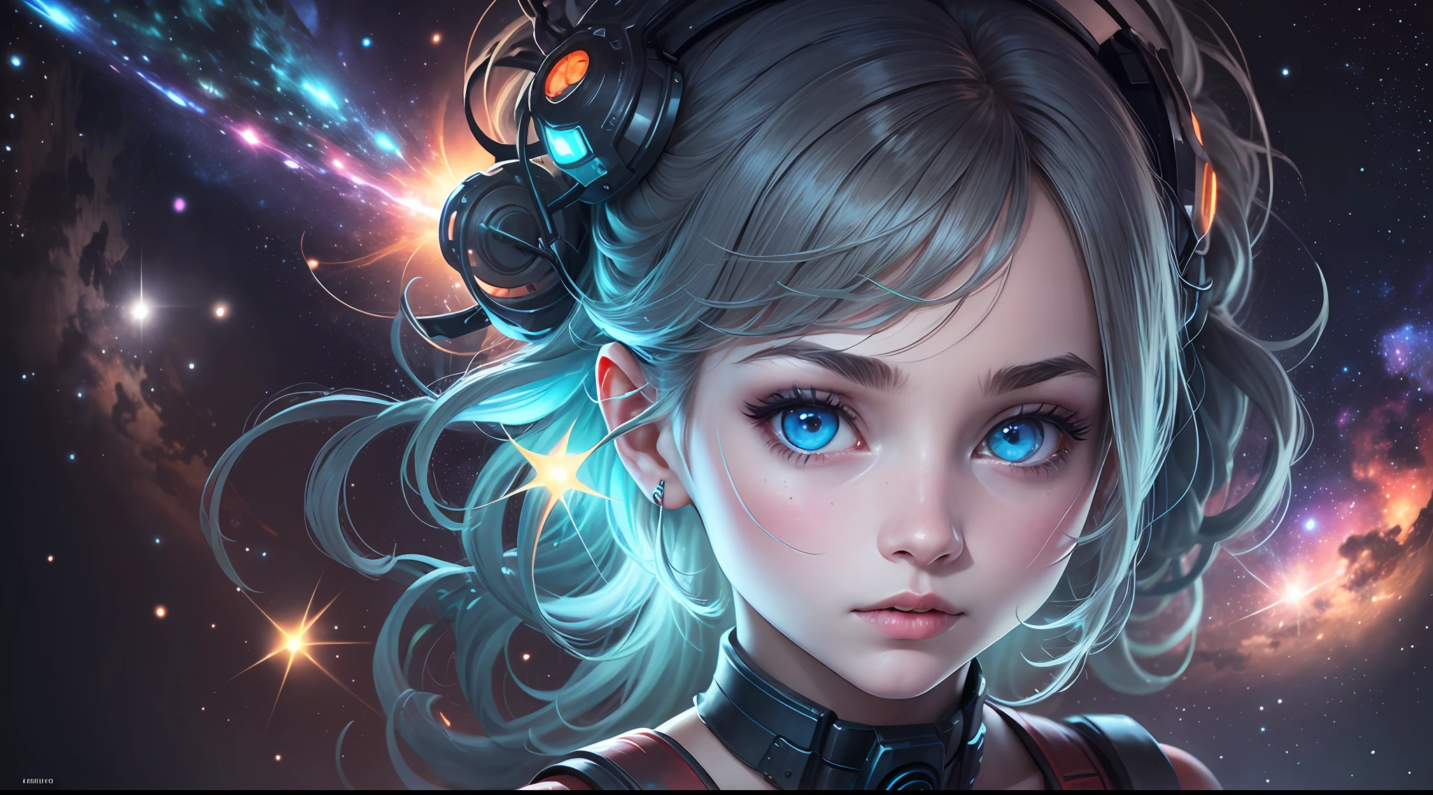 girl,radioactive glow,abstract art,character focus,eyes with reflection,starry sky,galaxies