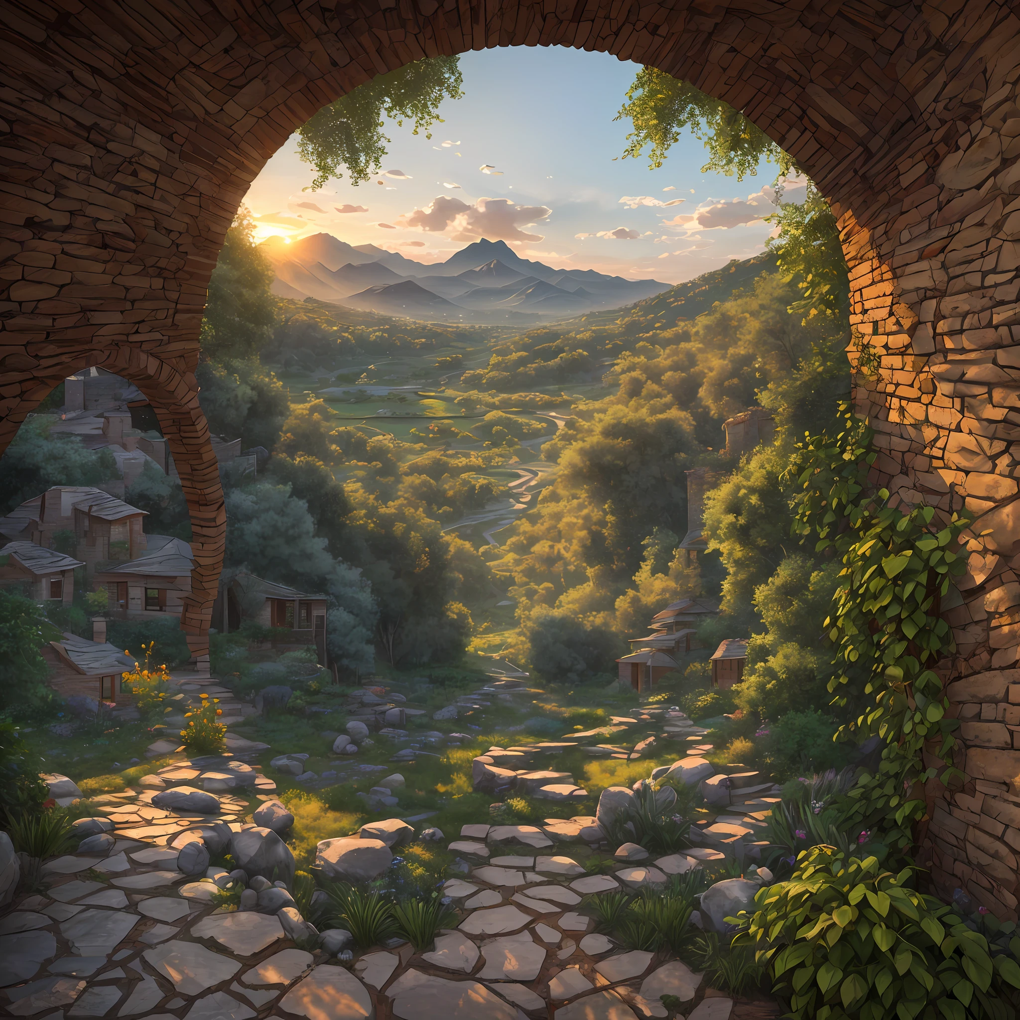 Computer visualization of graphics, a whirlwind of leaves, "Majestic mountains", "Lush forests", "Sparkling lakes", "Desert dunes", "Golden sunsets". Realistic Fantasies", Natural Elements, Extensive landscape ultra photography (general view, cell, basement, Stone steps leading down to a small area. The railing on the edge collapsed, In the center, Appreciating the cracked bowl – and a la Fountain, Something small extensions, an ivy-covered statue - something masculine, military and a view from here - even gray mountains on the horizon), blurred background, In the distance is a rock, the shore, gloomy, green, yellow, gray,  warm, magical, "Hyper-realistic textures," "Precise details," "Realistic still life," "Realistic portraits," "Realistic landscapes."