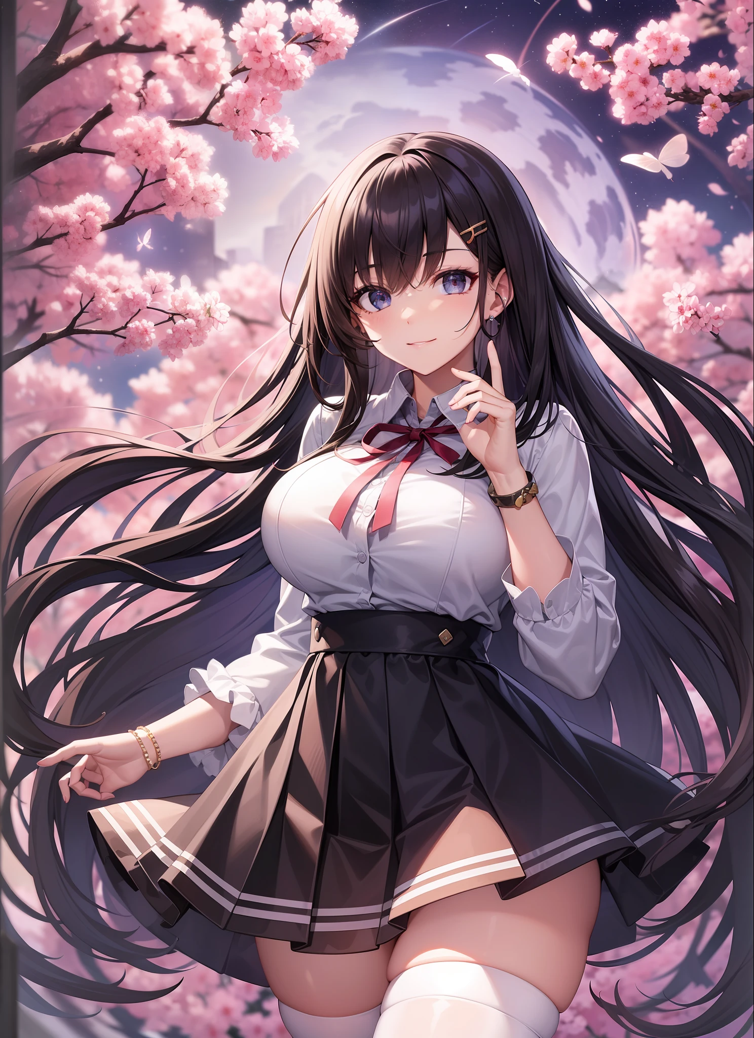 dynamic angle, floating, frills, painting, depth of field, Depth of field,nature,beautiful detailed girl, extremely detailed eyes and face, beautiful detailed eyes,absurdres, incredibly absurdres, huge filesize , ultra-detailed, highres, extremely detailed,Long shot,1girl,looking at viewer,dynamic angle,smile,light smile,looking at viewer,shy,very long hair,black hair,brown hair,(silver hair),bangs,floating hair,huge breasts,looking back,leg lift,zettai ryouiki,school uniform,pleated skirt,miniskirt,Mary janes,white thighhighs,white stocking,ribbon,necklace,hairclip,hair ribbon,torn thighhighs,bracelet,lace,in spring,floating sakura,detailed background,Isekai cityscape,flying butterfly,shooting star,colorful startrails,starry sky,clusters of stars