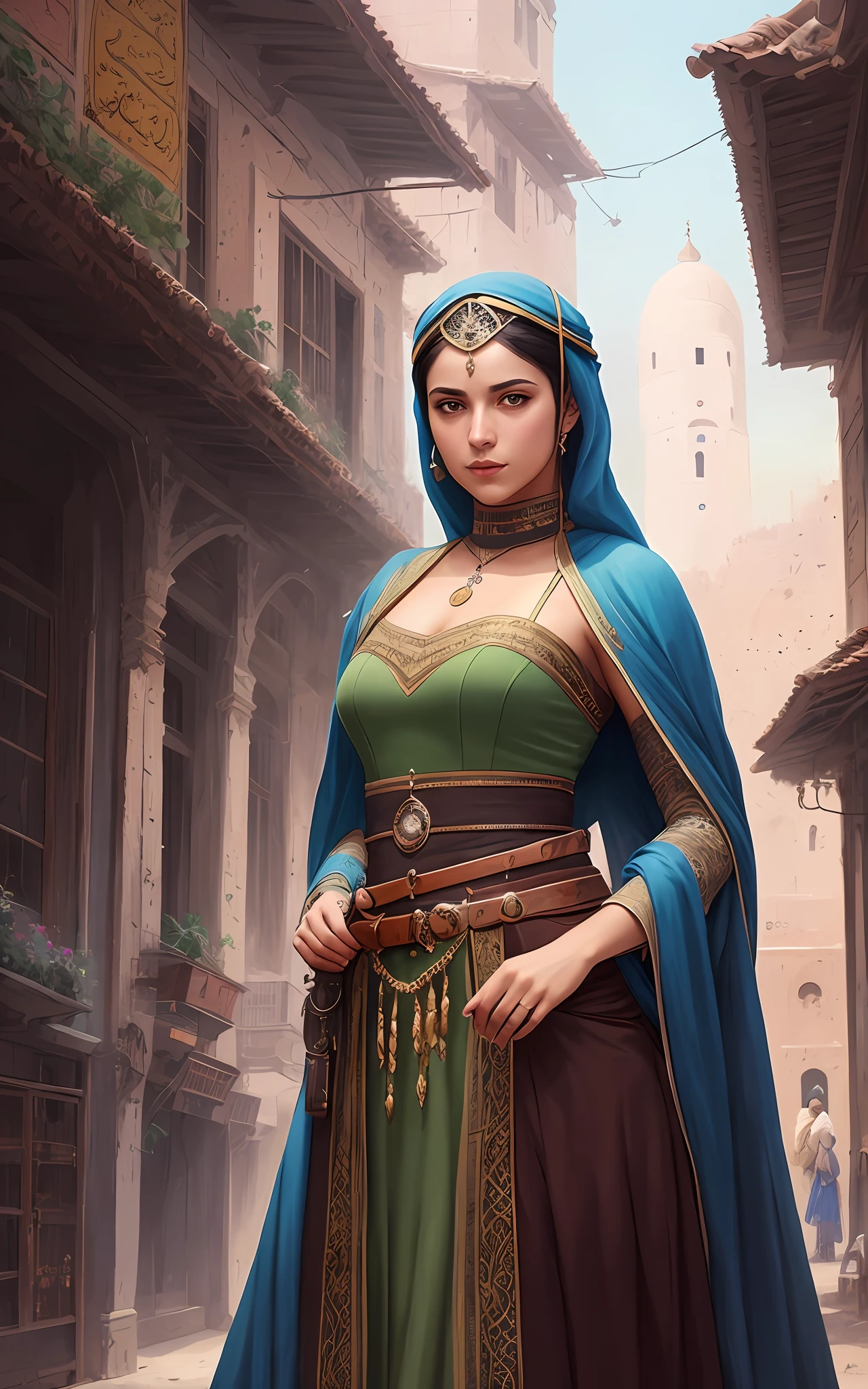 modelshoot style, (extremely detailed CG unity 8k wallpaper), full shot body photo of the most beautiful artwork in the world, (arabic princess) with armor, arabian clothes, arab cultur, magic, an arabic village with persian details in the background, hdr, photorealistic painting by Ed Blinkey, Atey Ghailan, Studio Ghibli, by Jeremy Mann, Greg Manchess, Antonio Moro, trending on ArtStation, trending on CGSociety, Intricate, High Detail, Sharp focus, dramatic, photorealistic painting art by midjourney and greg rutkowski