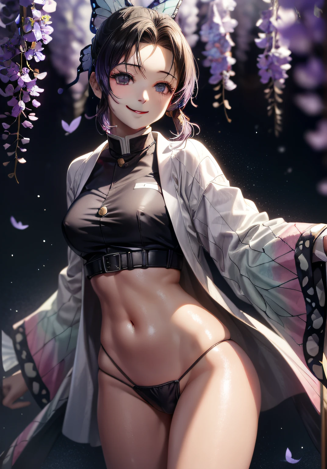 (Representative work: 1.2), (Best quality: 1.2), Solo, One girl, Shinobu little butterfly, happy smile, (White shirt: 1.4), On face, Realistic eyes, Lilac eyes, Wet face, Black hair, Legs spread, (Loincloth: 1.2), Clear erection nipple silhouette, Taisho era