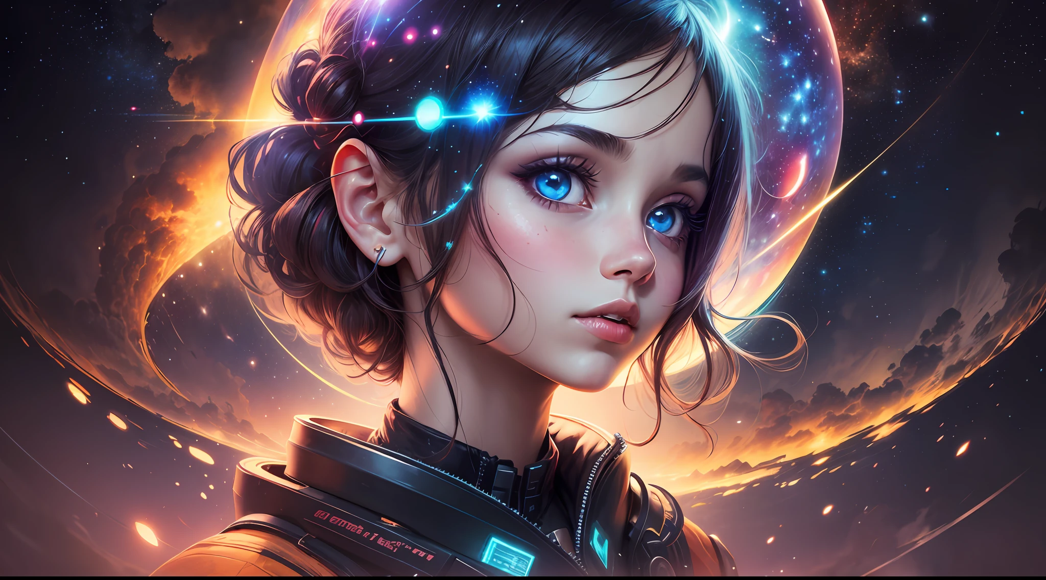 girl,radioactive glow,abstract art,character focus,eyes with reflection,starry sky,galaxies