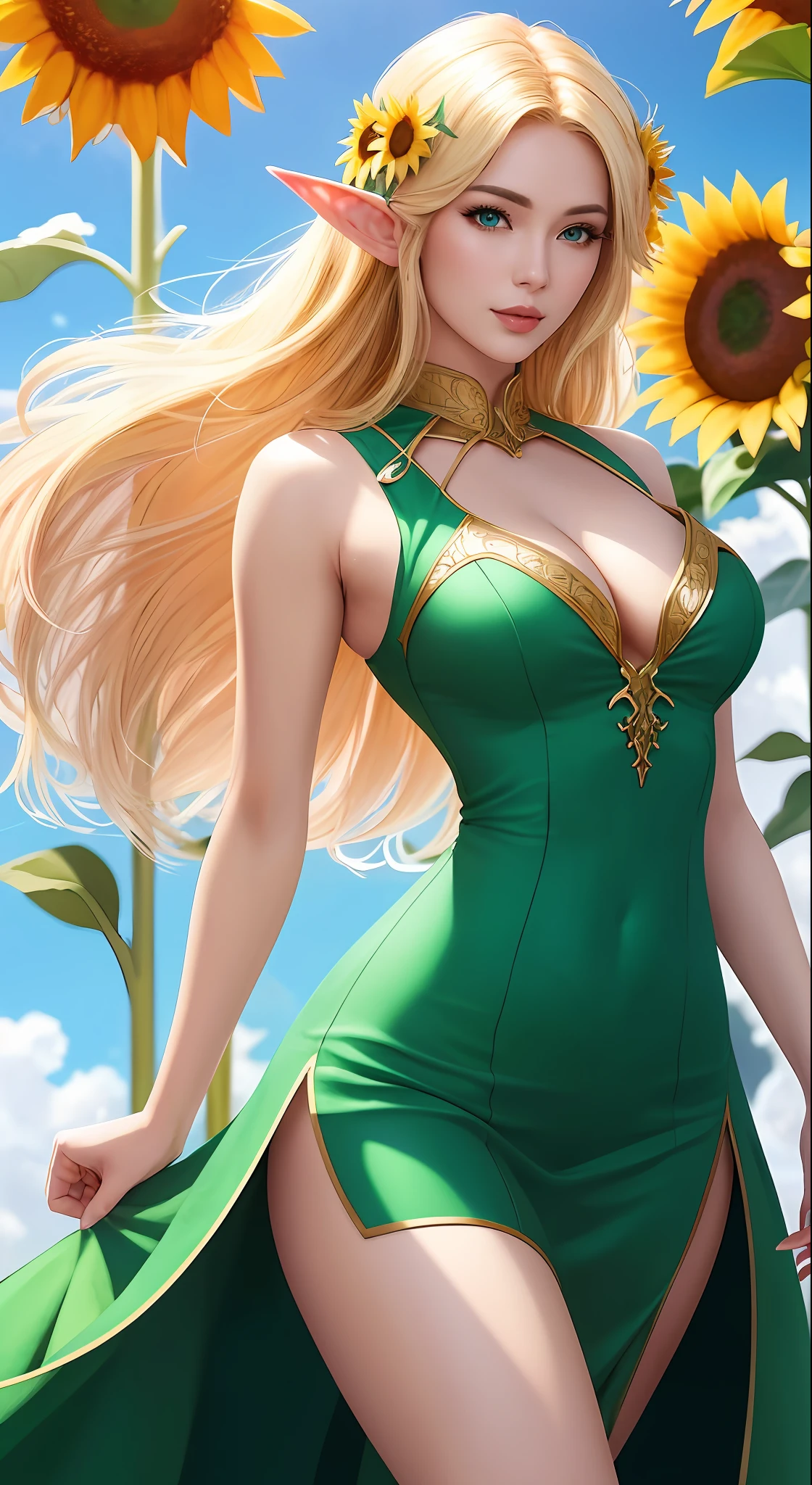 blond woman with sunflowers in her hair and a green dress, extremely detailed artgerm, fantasy art style, elf girl, ig model | artgerm, artgerm on artstation pixiv, detailed fantasy art, elf girl wearing an flower suit, beautiful fantasy maiden, blonde goddess, elf princess, artgerm. anime illustration, beautiful and elegant elf queen