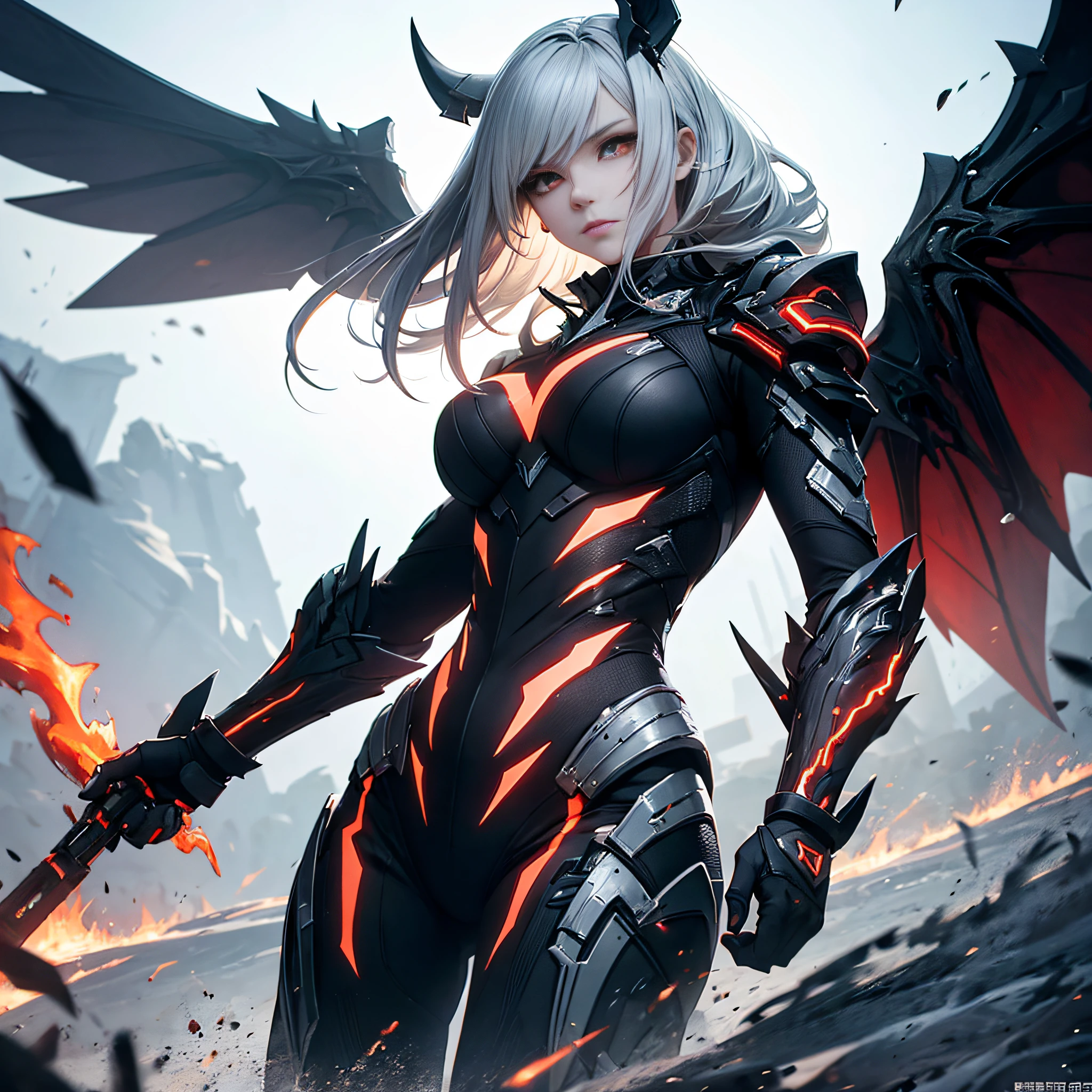 1 chinese woman, warframe,armor warrior black rhino armor, prime minister, rhinoceros premier, volt prime minister, salin prime dynamic pose, intricate pattern, heavy metal, energy line, faceless, glowing eyes, long silver hair, wind blow hair, elegant, intense, blood red and black uniform, bloody wings, solo, desert, sunny, bright, claw,
dramatic lighting,
(Masterpiece: 1.2), best quality, high resolution, fine detail, excellent detail, perfect lighting, medium stroke, from below --auto