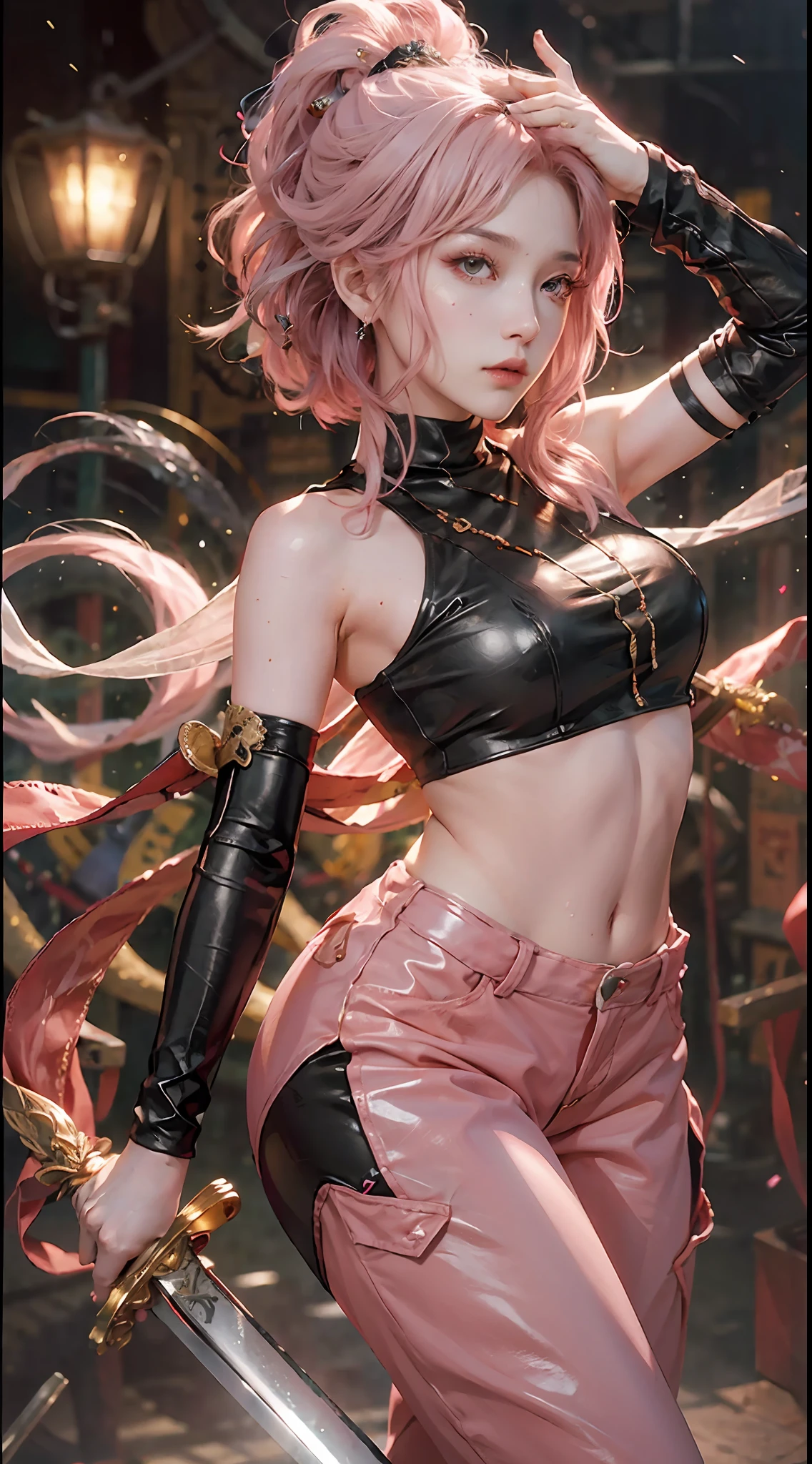 official art, very detailed CG unified 8k wallpaper, super detailed, high resolution, beautiful detailed girl, very detailed eyes and face, dynamic pose ,beautiful detailed eyes, light on face, movie lights, ( leather pants)), 1girl, full body, full body photo, looking at the audience, ((light pink hair)), red eyes, ((bliss)), best detailed background, ((cosplay), short hair, ((holding a long sword)) sci-fi blockbuster scene