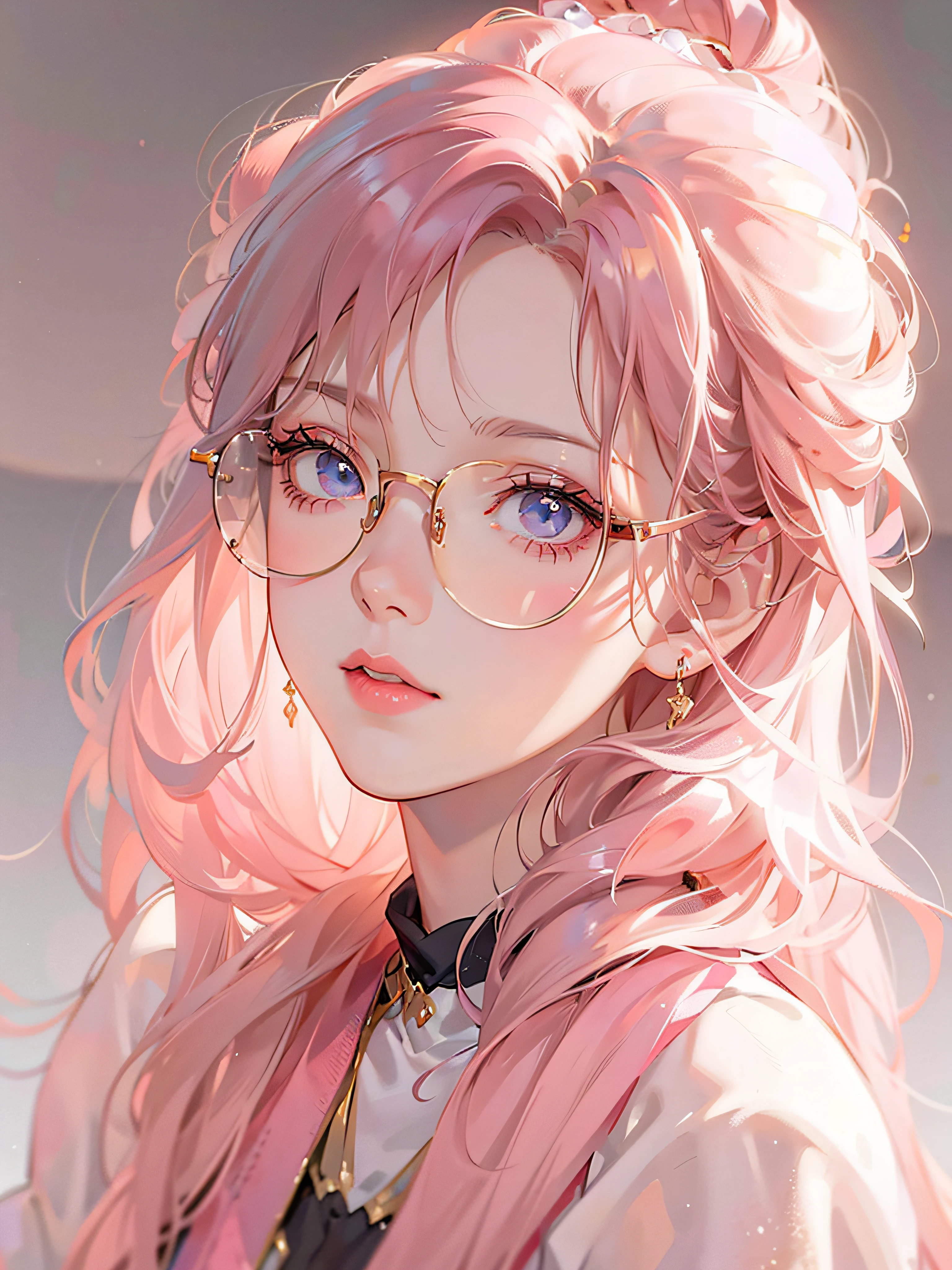 Anime girl posing for photo with pink hair and glasses, Guweiz, Guweiz, cute realistic portrait, beautiful anime portrait, cute anime girl portrait inspired by Yanjun Cheng, pink girl, cute anime girl portrait, portrait anime girl, glowing pink face, cute portrait, cute digital art, Stunning anime face portraits, cute art styles, bunched hairstyles