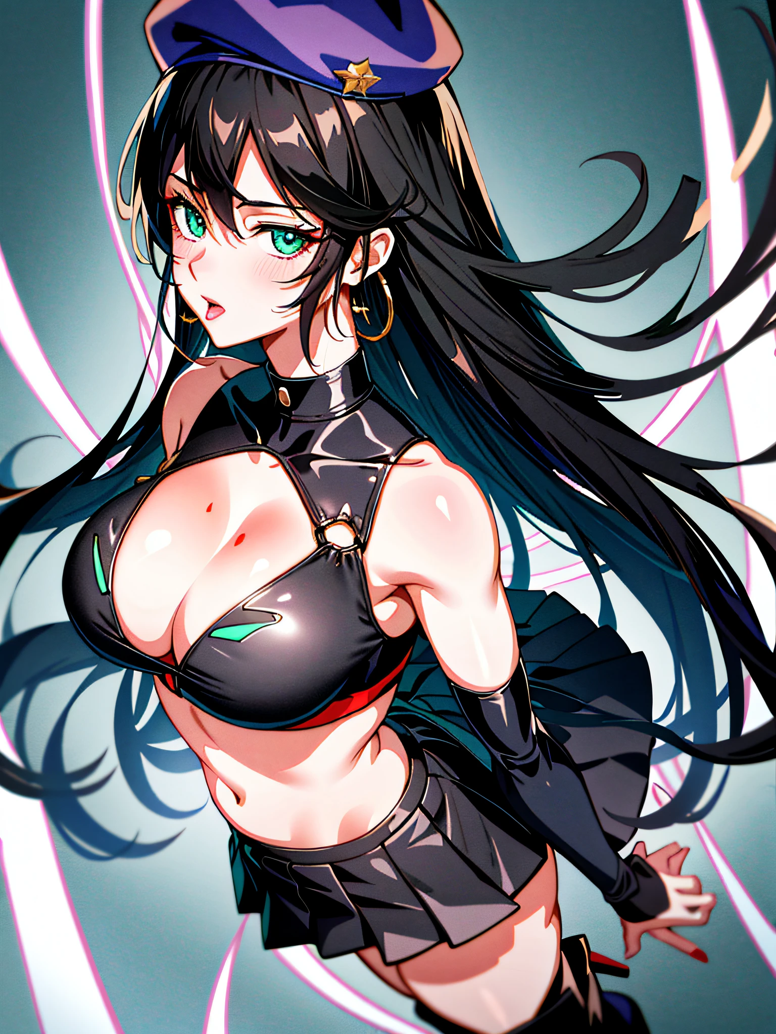 (detailed shoujo manga style:1.4), sidelightning, beautiful detailed eyes, open mouth, oily shiny skin, tongue out, (dreamlikeart style:1.0), (analog style:1.0), (studio_ghibli_anime_style style:0.9), masterpiece, beatifull face, (Cherrmous style:1.2), Chole Swanson, woman, green eyes, hoop earrings, bracelet, detailed, blackhair styled in loose waves, skin texture, full lips, huge lips, collar, centered, tanned skin, 8k, highly, camouflage long tight dress, tight skirt, pleated skirt, wide hips, eyelashes, eyeshadow, bubblebutt, deep cleavage, breast enlargement, dark green platform boots, high heels, long legs, cyberpunk, neon lights, camouflage tighhigh stockings, camouflage fishnets, no underwear, no panties, belly button, looking at viewer, photo-realistic, glowing colors, glowing skin, camouflage beret, holding a pistol in one hand,