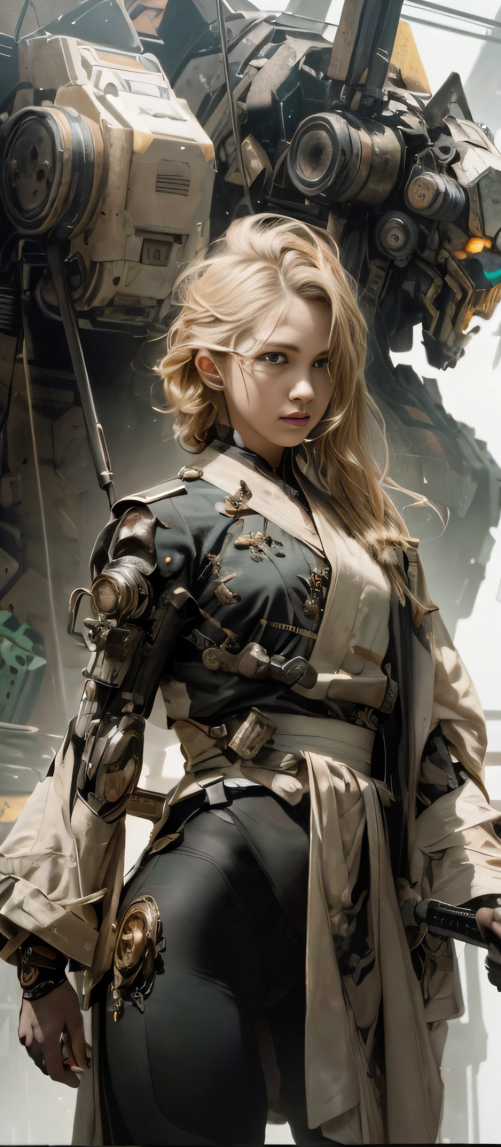 Masterpiece, Best Quality, Film, Official Art, Propaganda Art, Movie Wallpaper, Very Detailed CG Unified 4k Wallpaper, Intricate Details, White Background, Upper Body, Facial Focus, Concept Art, Production Art, ( , Highres, (realistic, photo-realistic:1.2), physically-based rendering, machinery, reflection, realistic, cyberpunk, symmetric front view close up head shot eyes symmetry face very sharp focus realistic award winning matte drawing movie light 1 boy, mecha, (Illustration: 1.1), slim, fair skin, delicate face, king robe, shine, tights, (long blonde hair), green eyes, battlefield, chip, shine, sword