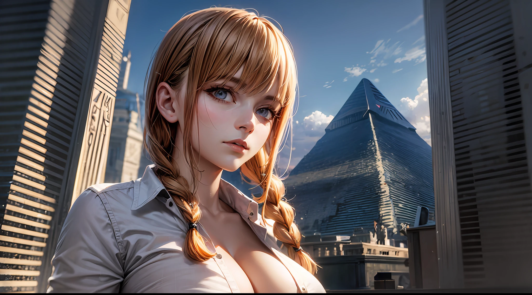 (Chainsaw Man, Makima), white long-sleeved shirt, (orange braid), mature, beautiful, perfect style, big, emphasizing cleavage, expressionless, realistic, photoreal, 8k, highly detailed, highest quality, best quality, super high definition, masterpiece, one girl, (background is Egyptian pyramids),