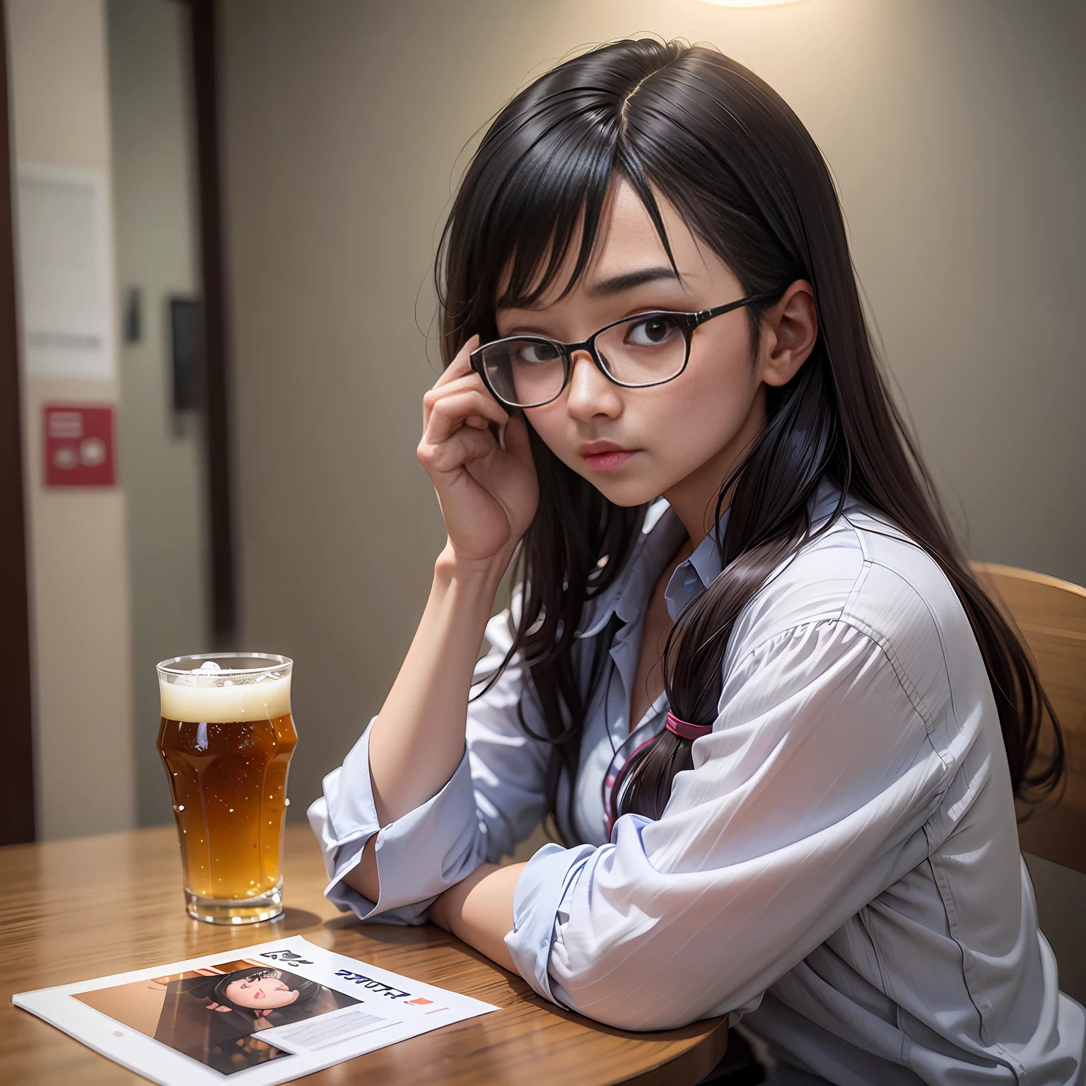 A fish-faced office worker is drinking in a Japan tavern. photograph --auto