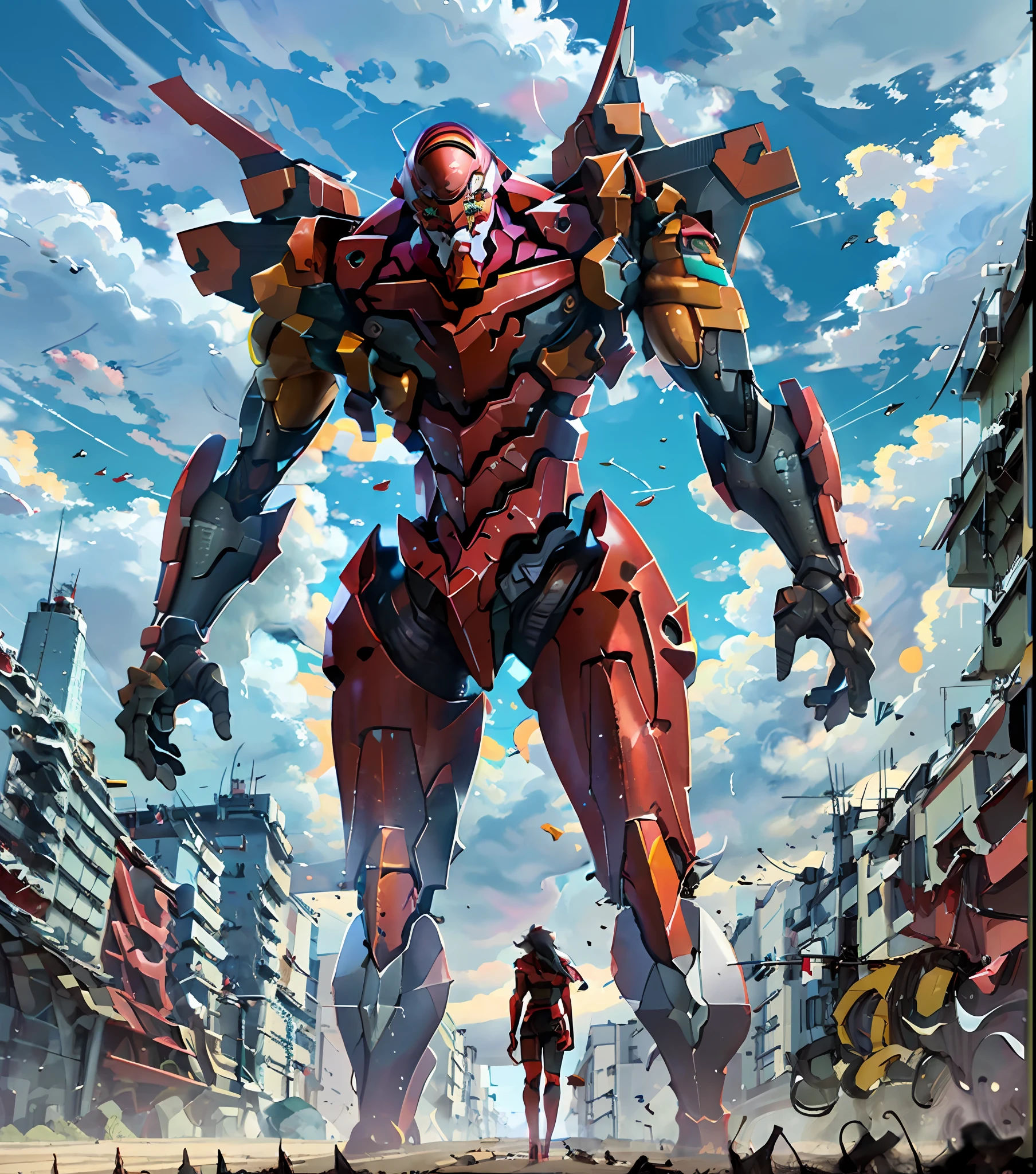 ((eva 02), evagod:1.1), evagenlion, Concept Design, sci-fic character design, SCIENCE FICTION, giant robot, advanced metal and Ceramic Mecha, Accurate EVA 02 head details, high-tech, huge android, (outdoors, sky, clouds), global illumination, rim light, octane rendering, ray tracing, 4k, Best quality, masterpiece, high res, highly detailed, scientific ???????, carbon fiber, titanium alloy, hyperrealistic, anatomical, beautiful Tokyo-3 background, CG, unity, wallpaper, Futurism, epic sense, doomsday, sci-fi fighter, giant machinery, correct perspective