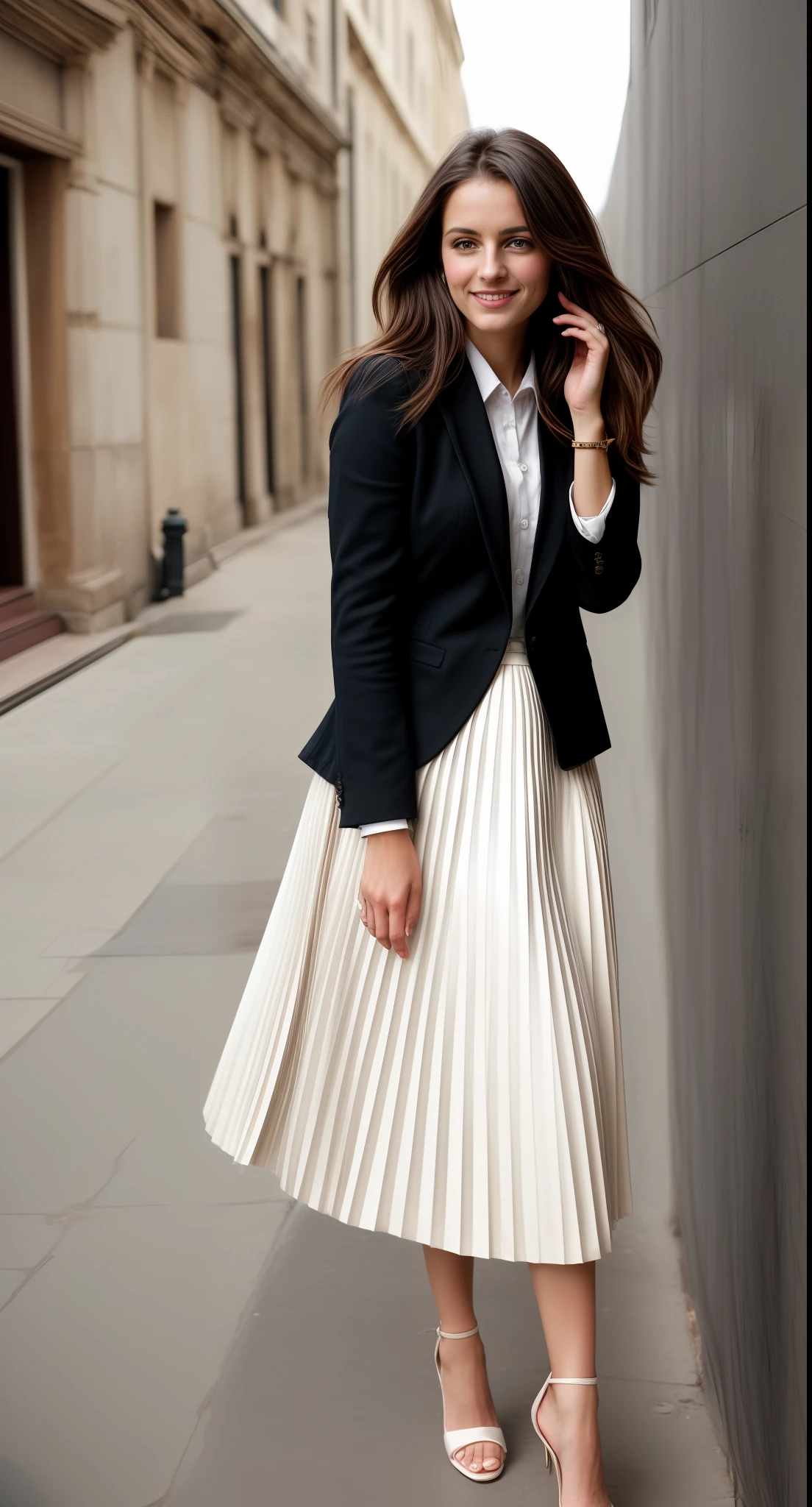 authentic (very shy smiling) good woman wearing a short blazer with a very very detailed (long (fully pleated) full circle skirt) and (simple) low heeled office shoes, very very intricate hyper-detailed symmetric (attractive graceful young feminine face) with (sad, tired eyes and shy smile:1,8), full of empathy and compassion and love, (pronounced (feminine) features), (highly detailed ultra accurate realistic) hands and fingers, (windy conditions and wind blowing), epic composition, highly detailed attributes, highly detailed atmosphere, (35mm f1.4 Kodak portra 400 photograph), extremely high quality RAW photograph, intricate, Exquisite details and textures,