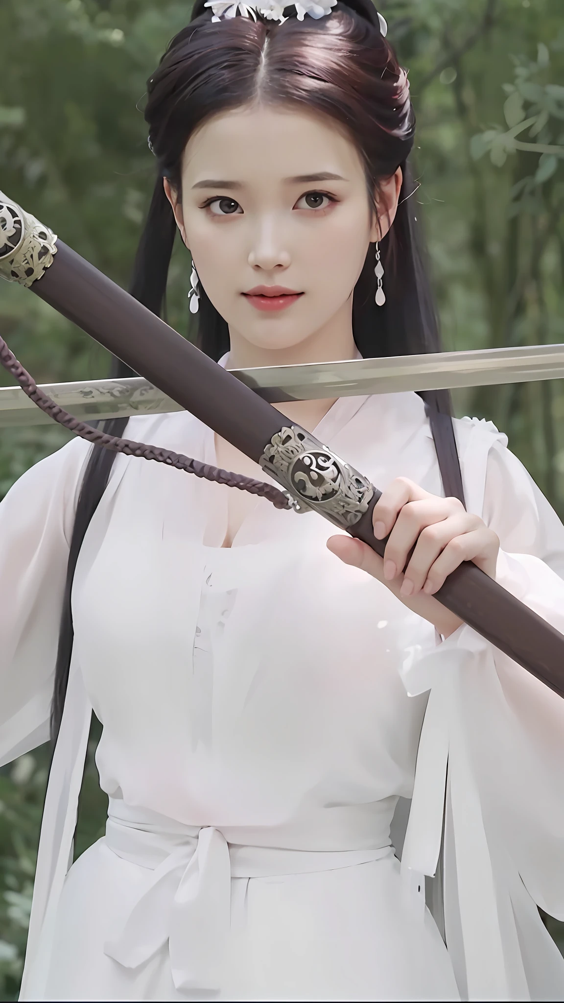 arafed woman in white dress holding a sword and a sword, she is holding a long staff, inspired by Du Qiong, ornate korean polearm behind her, long sword in her hand, holding a long sword, holding a sword on her shoulder, she is holding a sword, she is holding a katana sword, white hanfu, beautiful sword