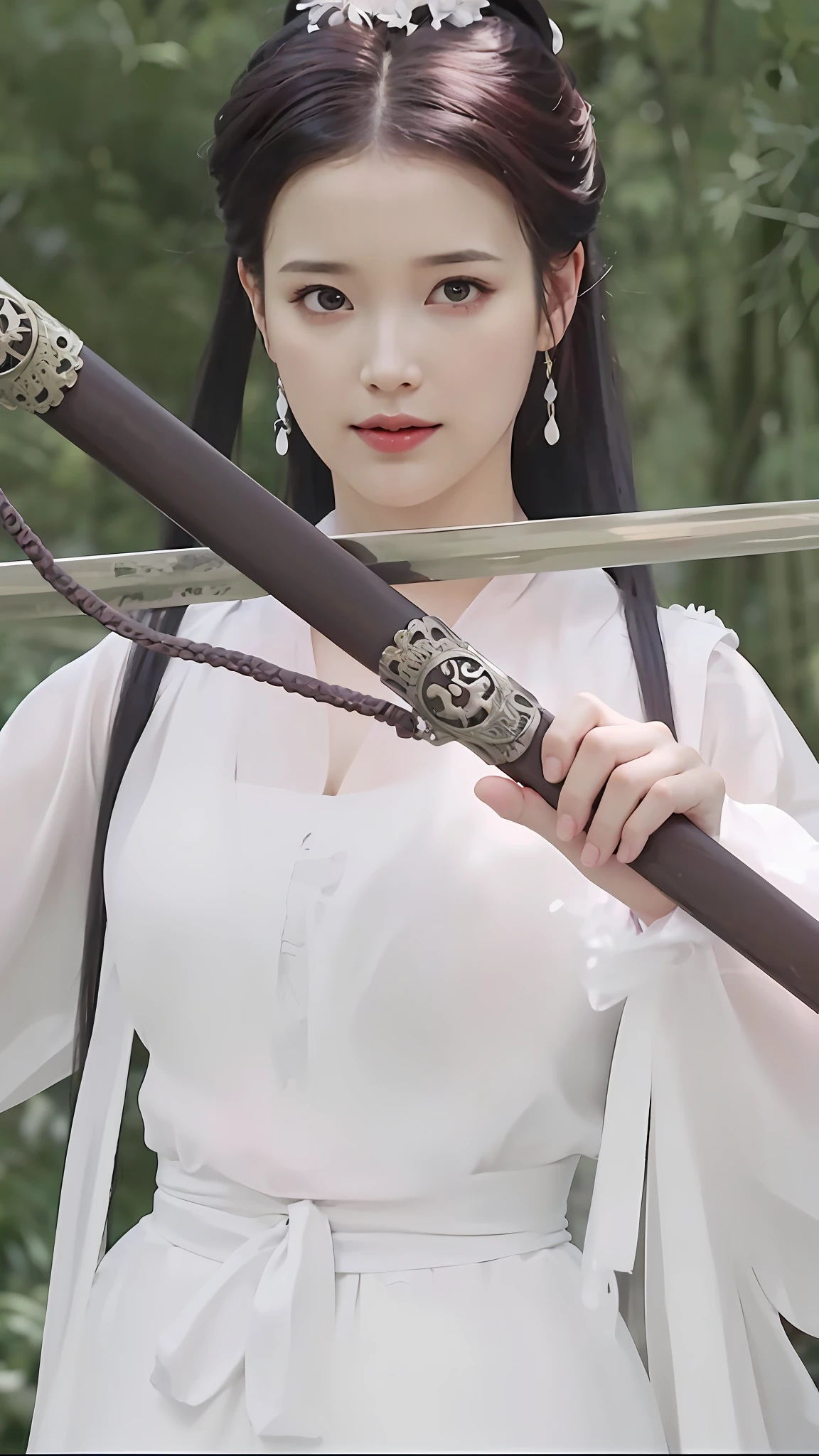 arafed woman in white dress holding a sword and a sword, she is holding a long staff, inspired by Du Qiong, ornate korean polearm behind her, long sword in her hand, holding a long sword, holding a sword on her shoulder, she is holding a sword, she is holding a katana sword, white hanfu, beautiful sword