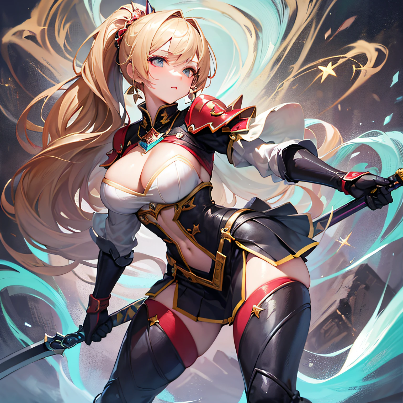 Peerless beauty, perfect slim body, mature royal sister face, long hair, curly hair, knight battle suit, sexy and seductive, beautiful face, full body portrait, standing pose, 4K picture quality, feminine expression, blush shyness, star-like deep eyes, huge breasts, short skirt, sword and magic. The bust is greatly large, fighting with Warcraft, speed lines, the best quality, masterpieces. Double ponytail