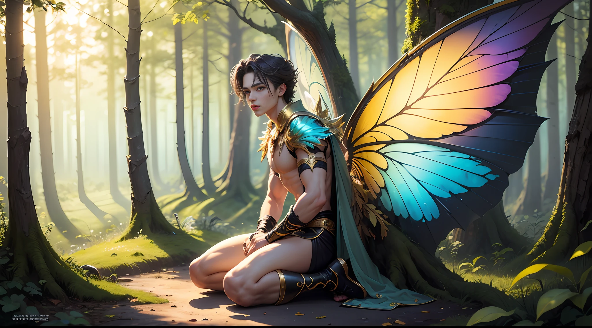 Cute male fairy with blue and gold details, large wings, full body, forest in the background, soft, delicate, symmetrical colors, male face, masterpiece, full body